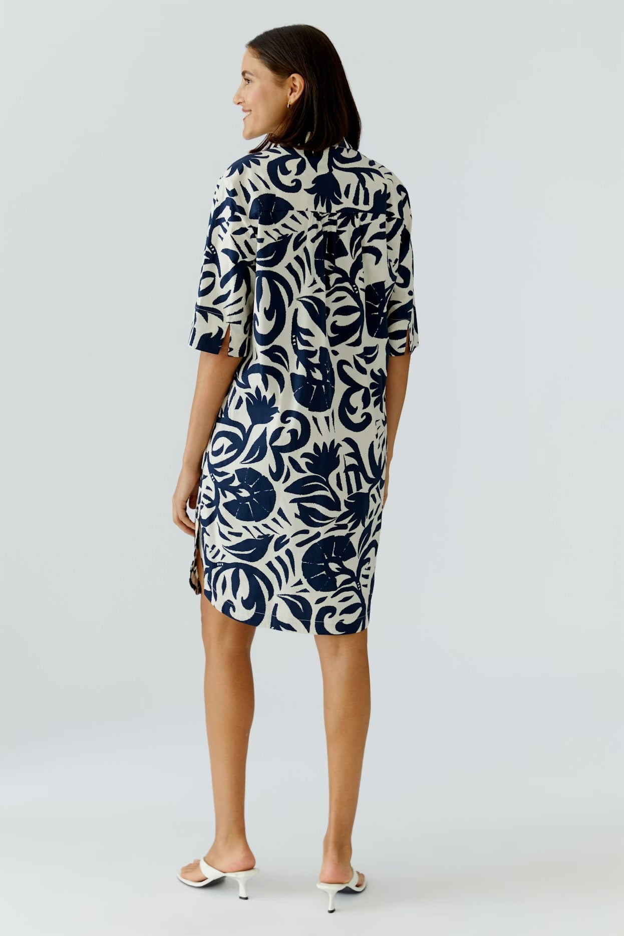 Oui Floral Dress In Dark Blue & White