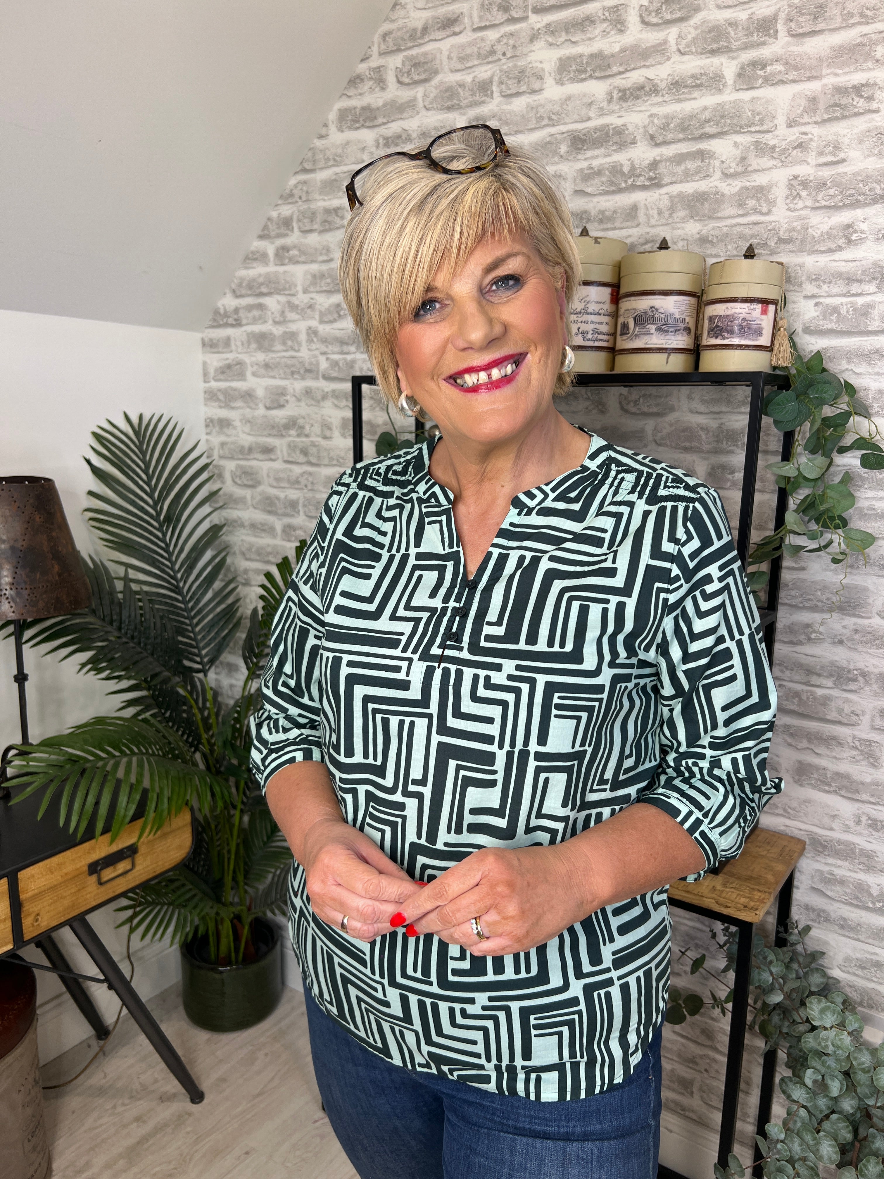 Cecil Big Print Blouse In Slate Khaki