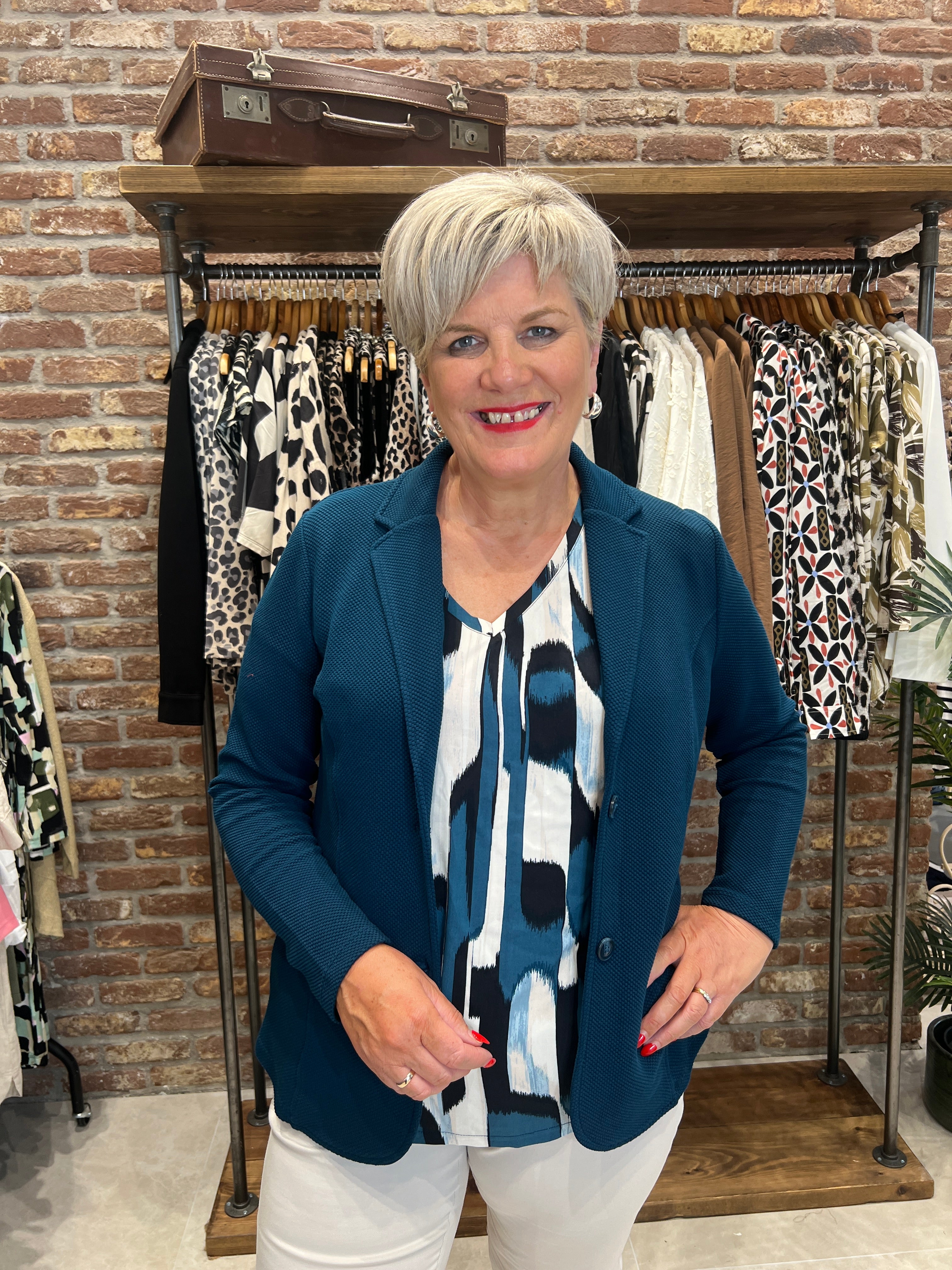 Street One V-Neck Patterned Top In Tide Blue