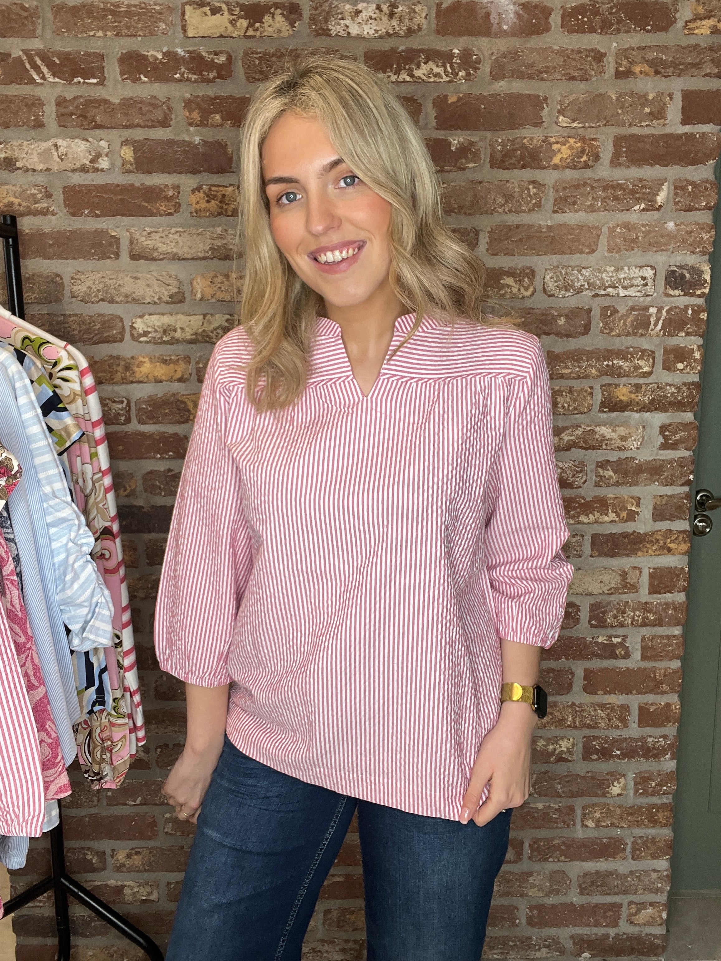 Cecil seersucker Striped Blouse In beetroot pink