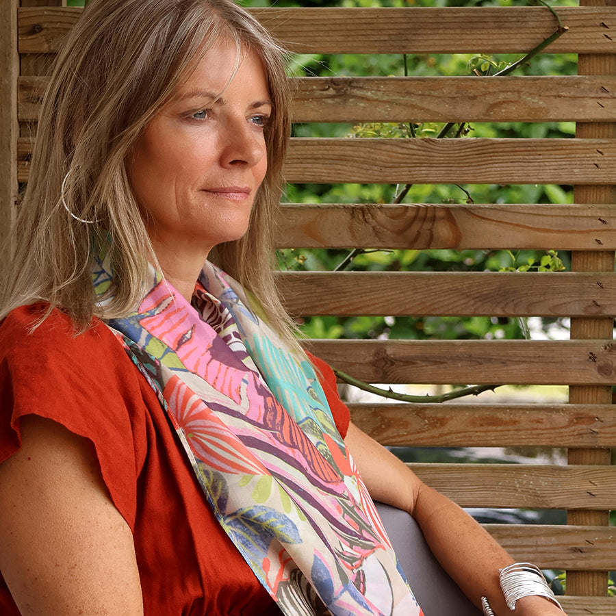 Pom tropical leaf print Silky scarf In multi