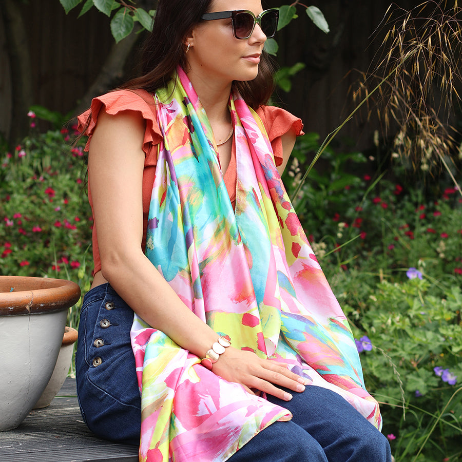 Pom Brush Stroke Silky Scarf In Neon Brights