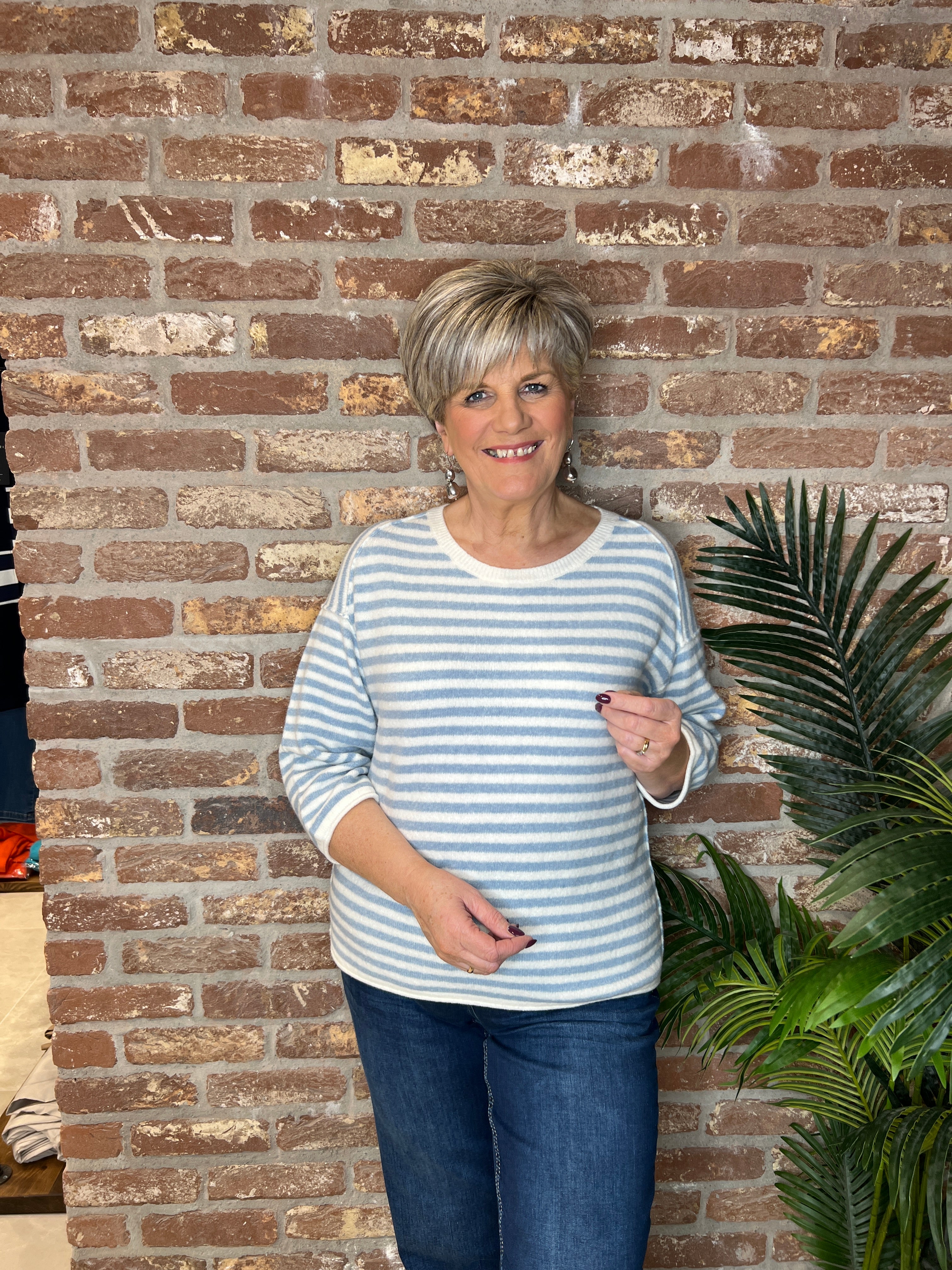 Oui Striped Pullover In White & Blue