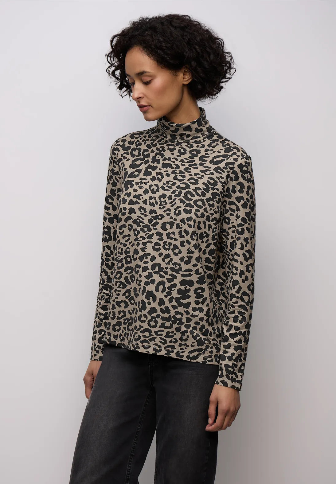 Street One Leopard Roll Neck Top In Soft Beige
