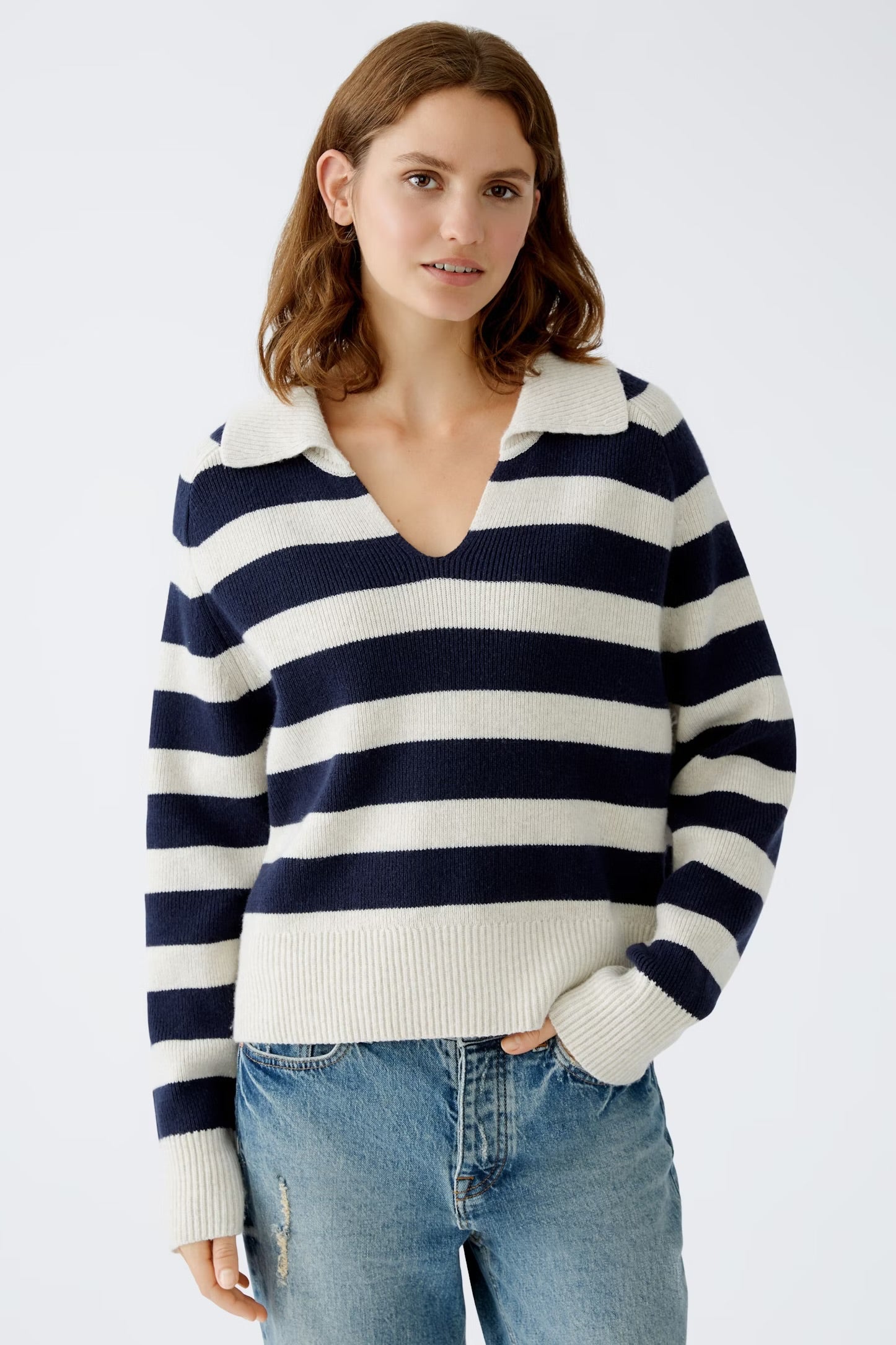 Oui Striped Pullover In White Blue