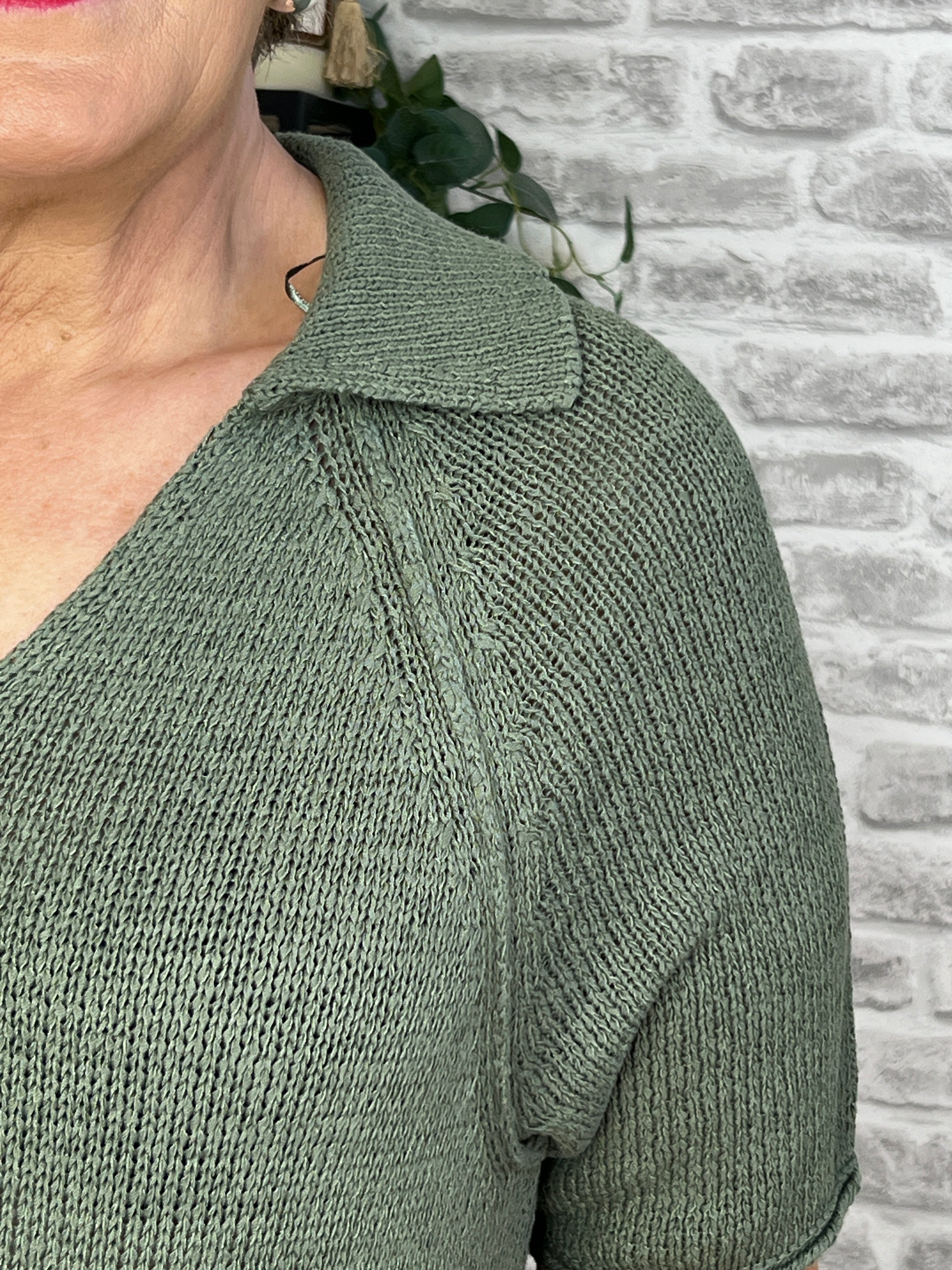 Oui Pullover With Collar In Shaded Moss