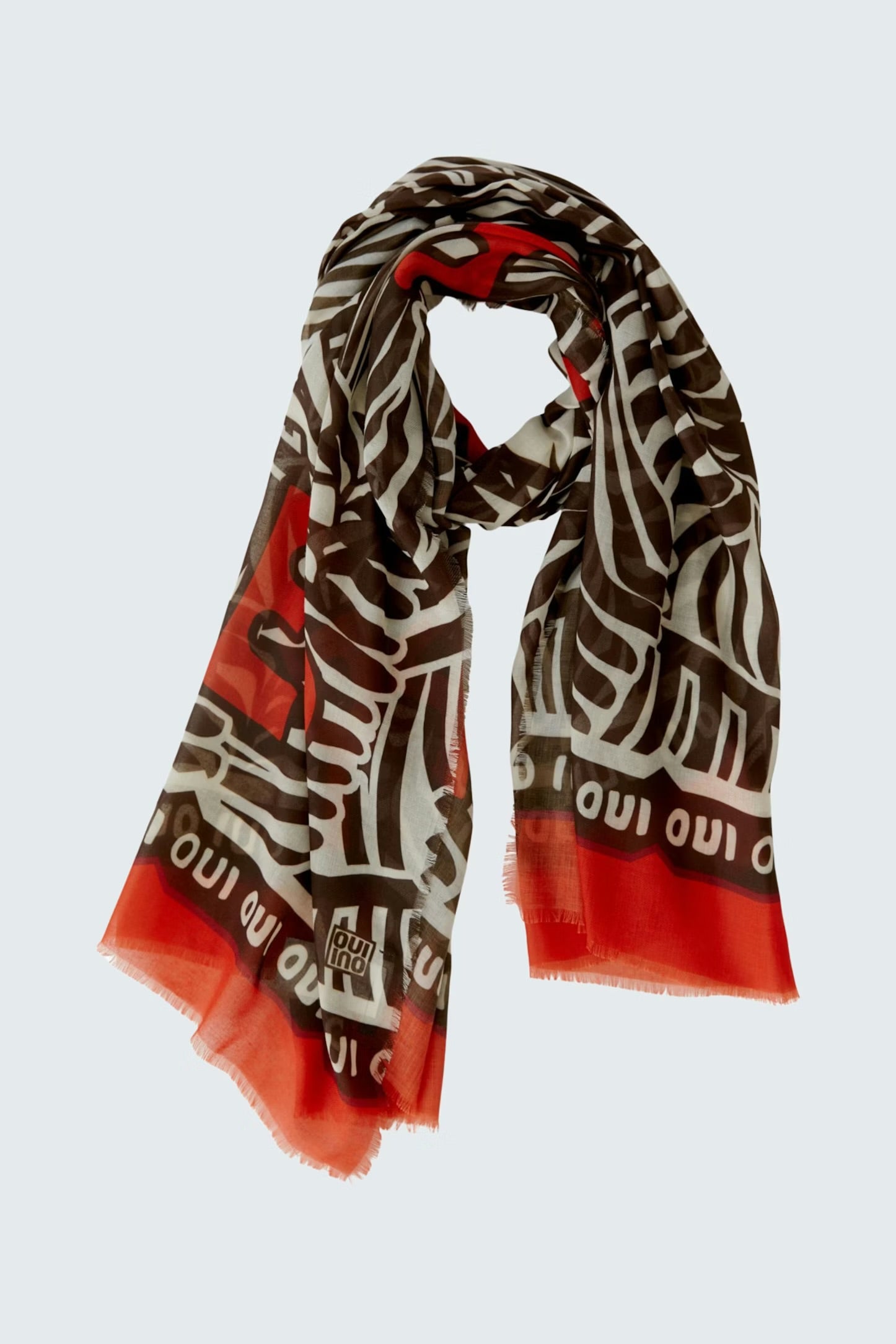 Oui Patterned Scarf In Dark Brown & Red