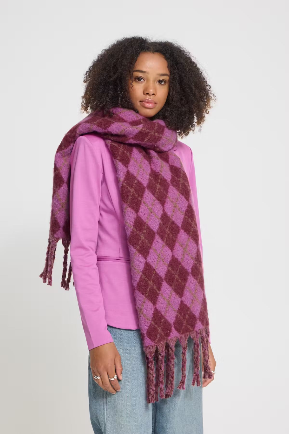 Patterned Tassel Scarf In Red multi