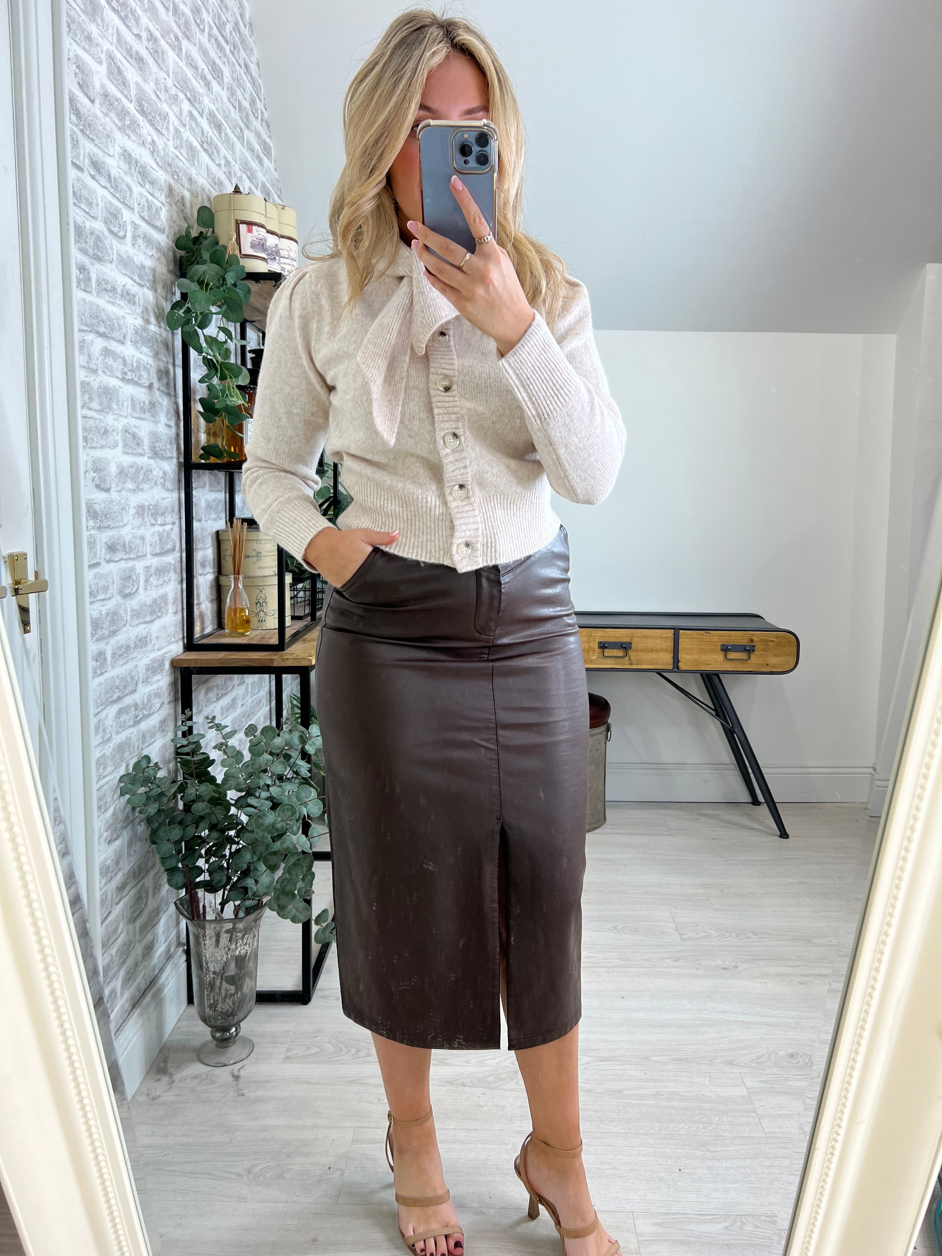 FRNCH Jupe Faux leather Skirt In Chocolate
