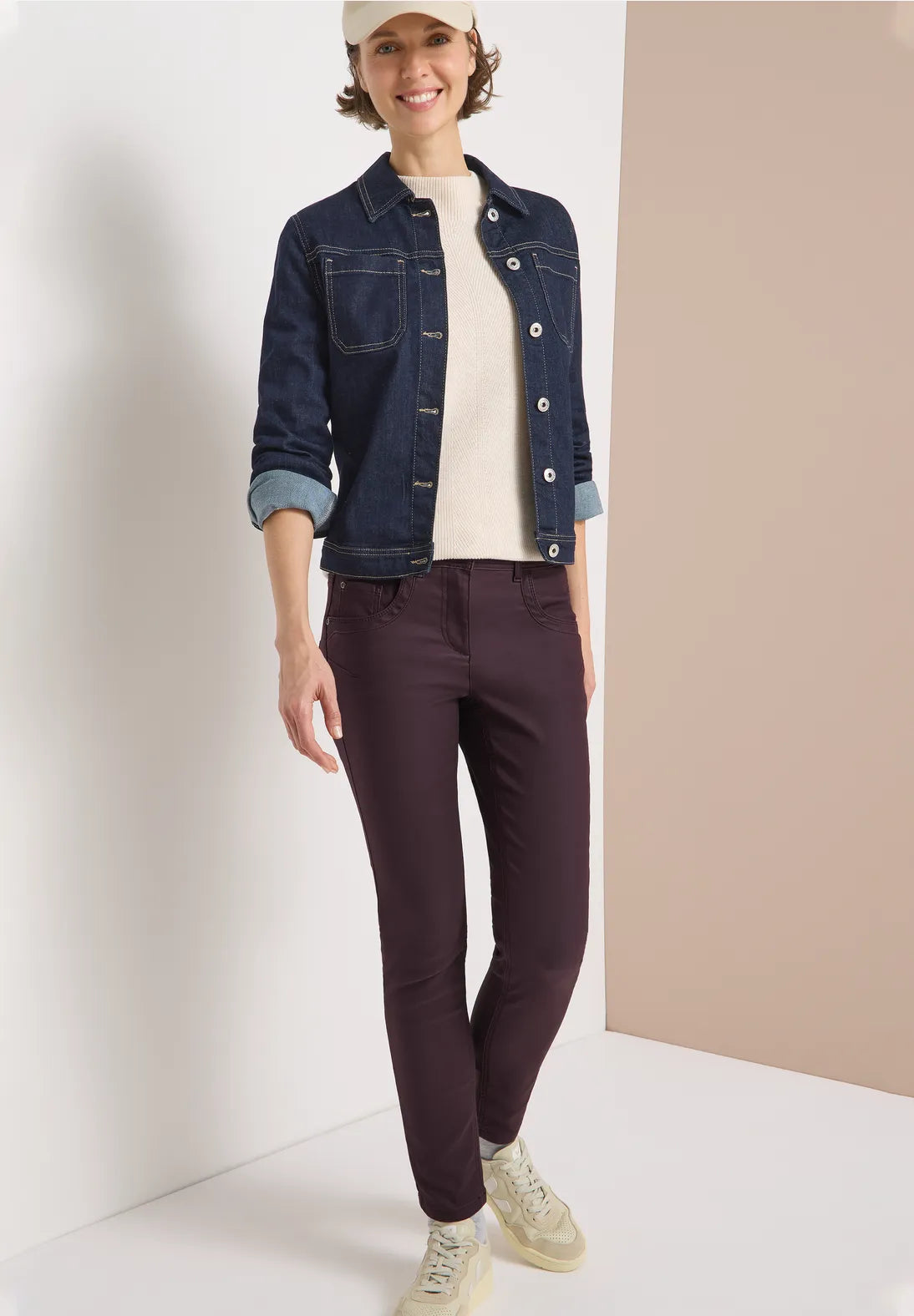 Cecil Toronto Coated Jeans In Eggplant Red