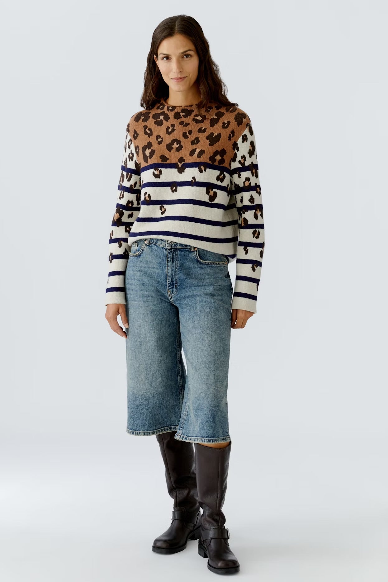Oui Pullover With Leopard In Off White & Camel