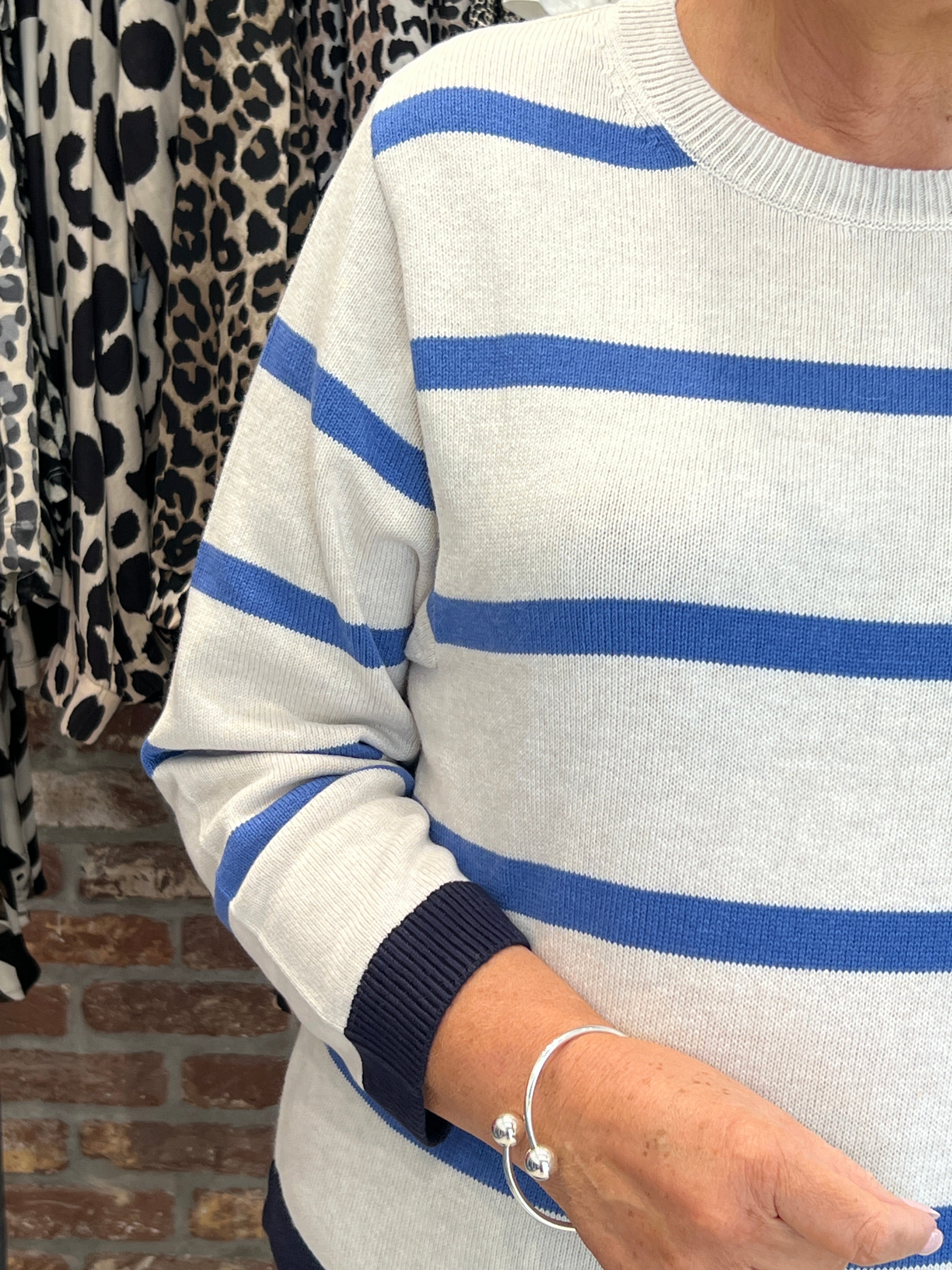 Oui Stripe Pullover In Off White & Blue