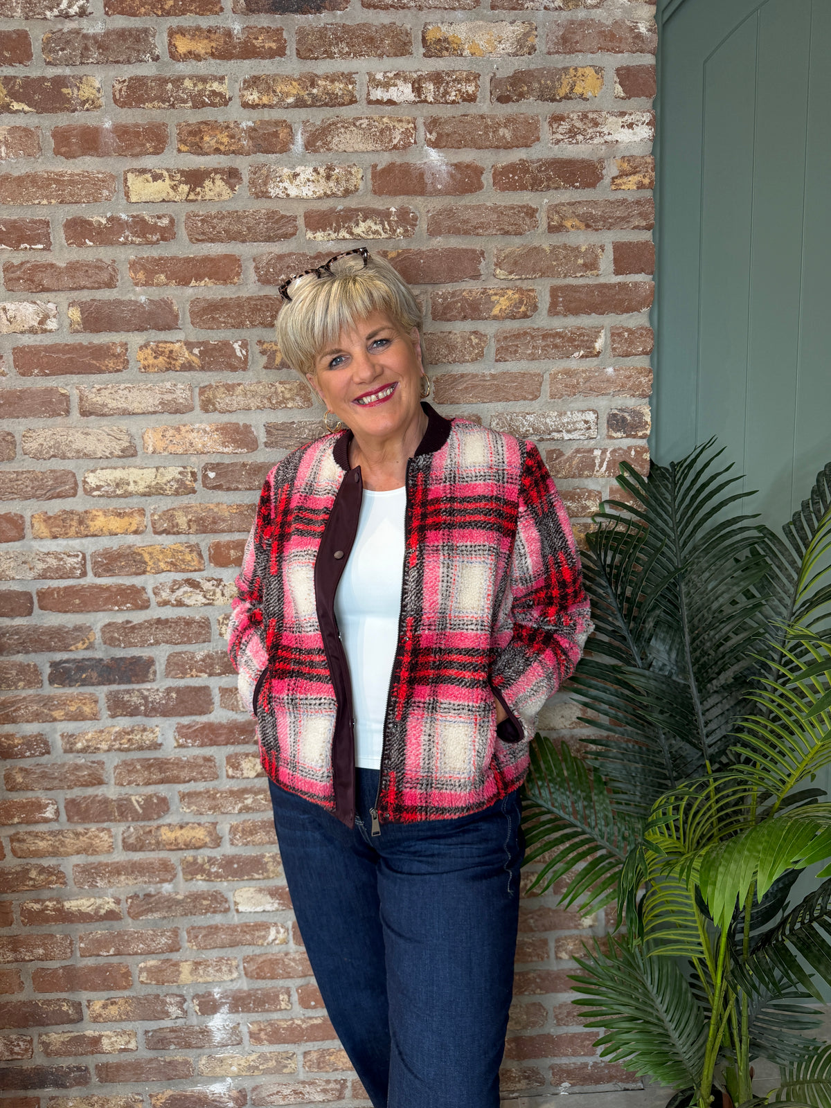 Teddy check jacket in berry red