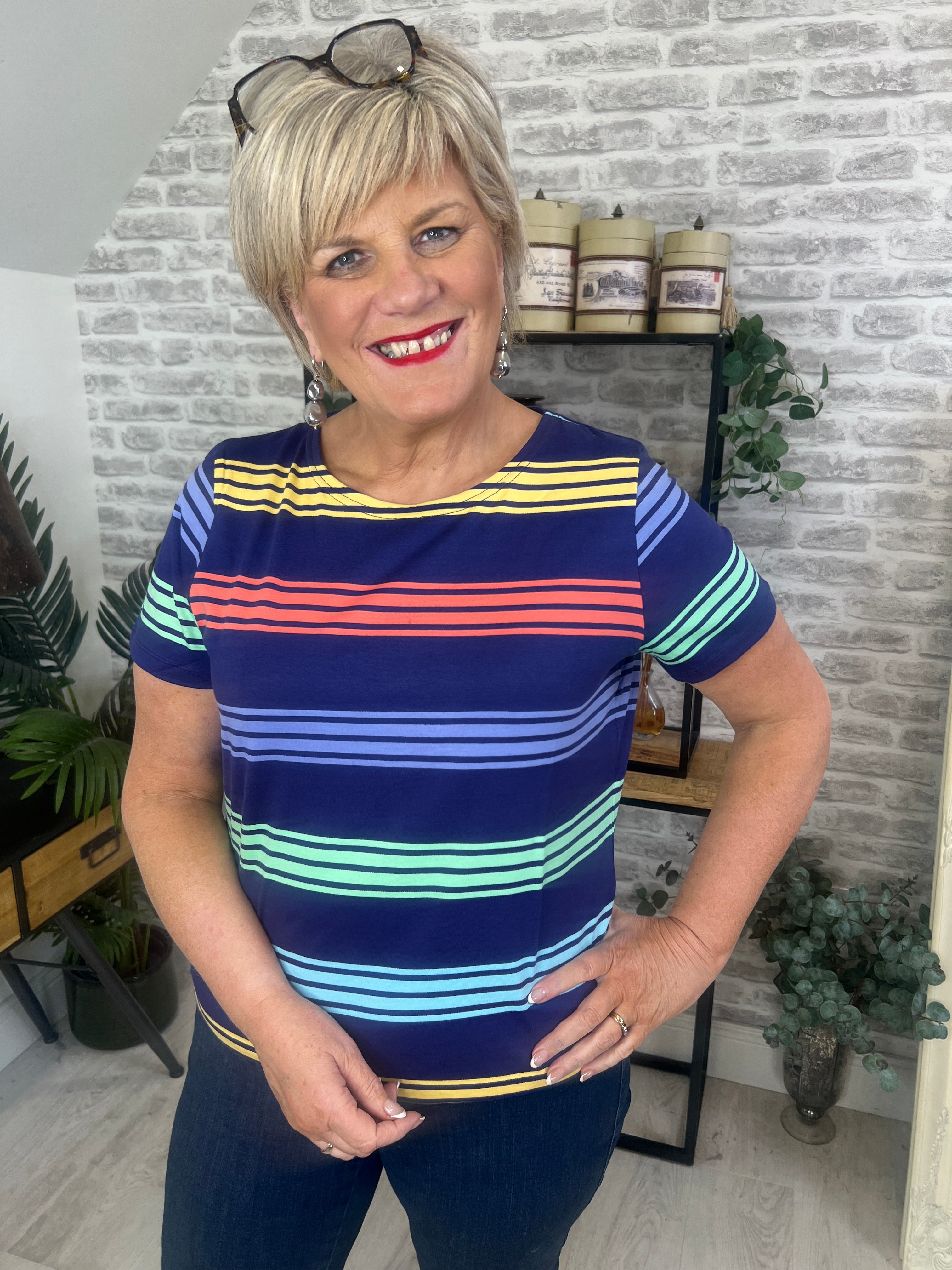 Sugarhill Brighton Cara Striped Top In Navy Multi