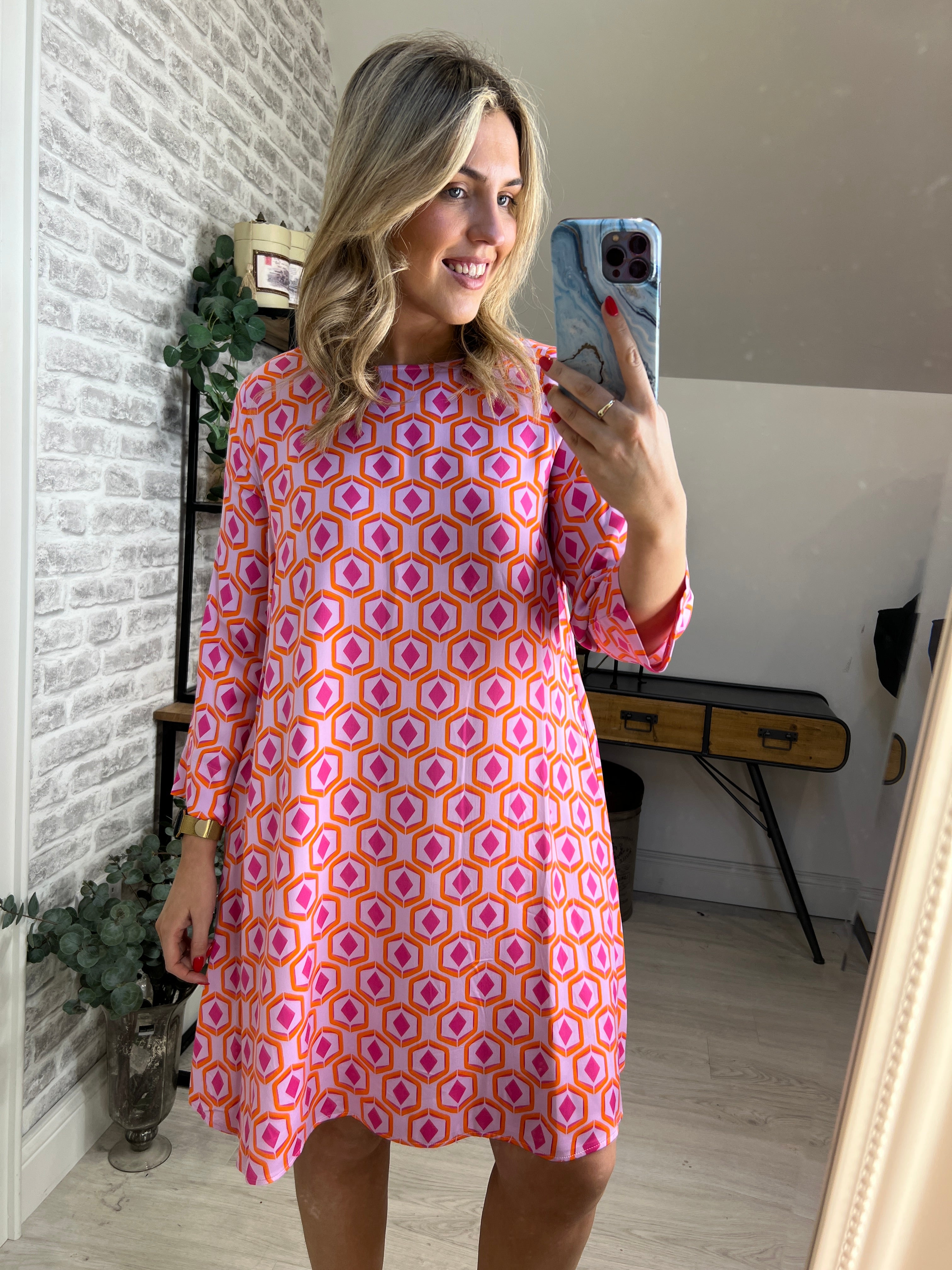 Milano Italy Round Neck Dress In Violet Print