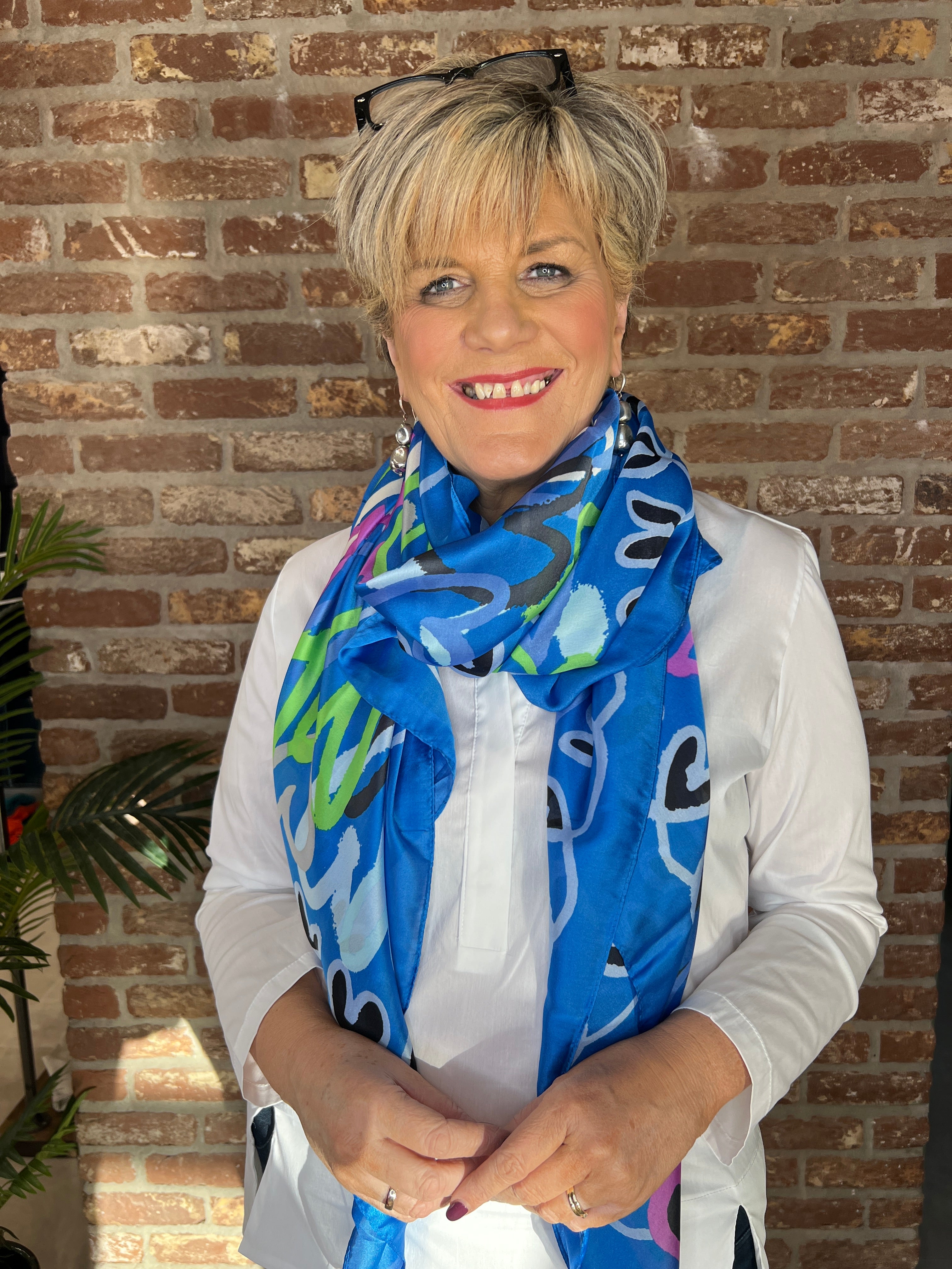 Pipa Heart Silk Scarf In Blue Multi