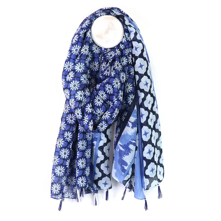 Pom Abstract Floral Tile print Scarf In blue