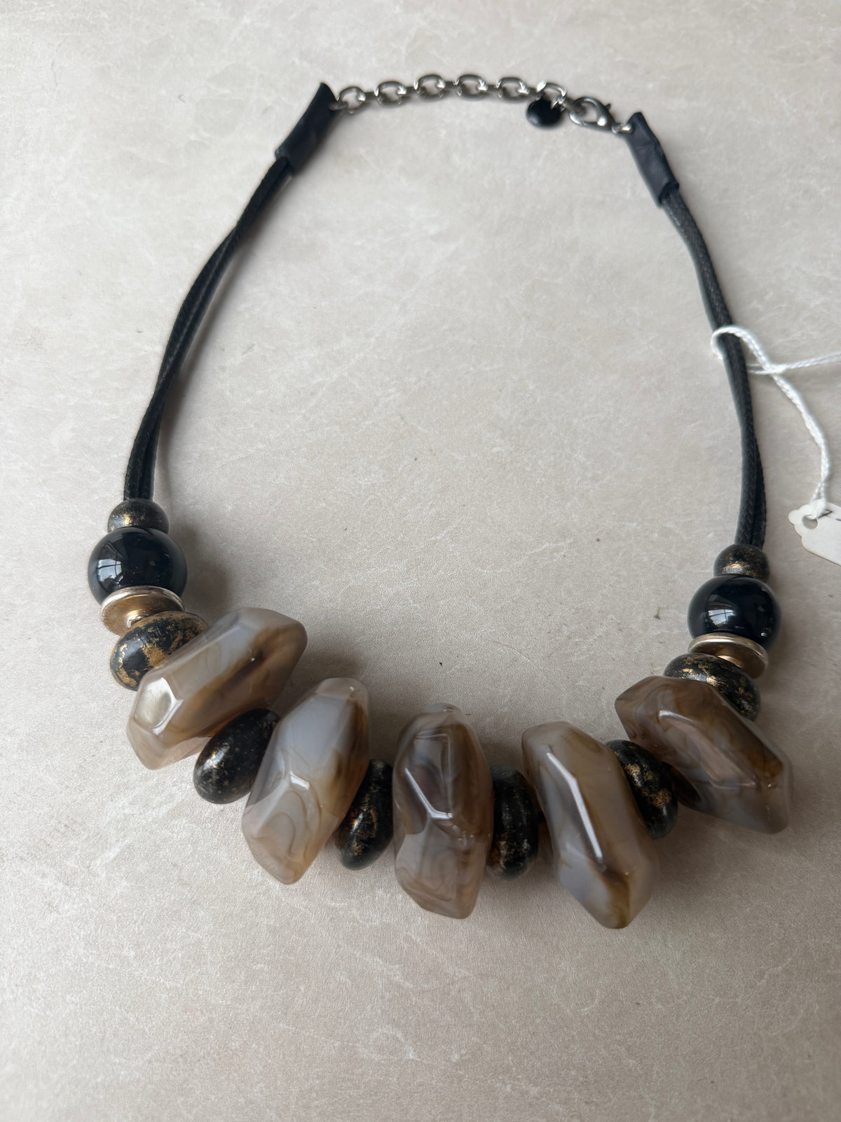 Large bead necklace in black, brown & gold