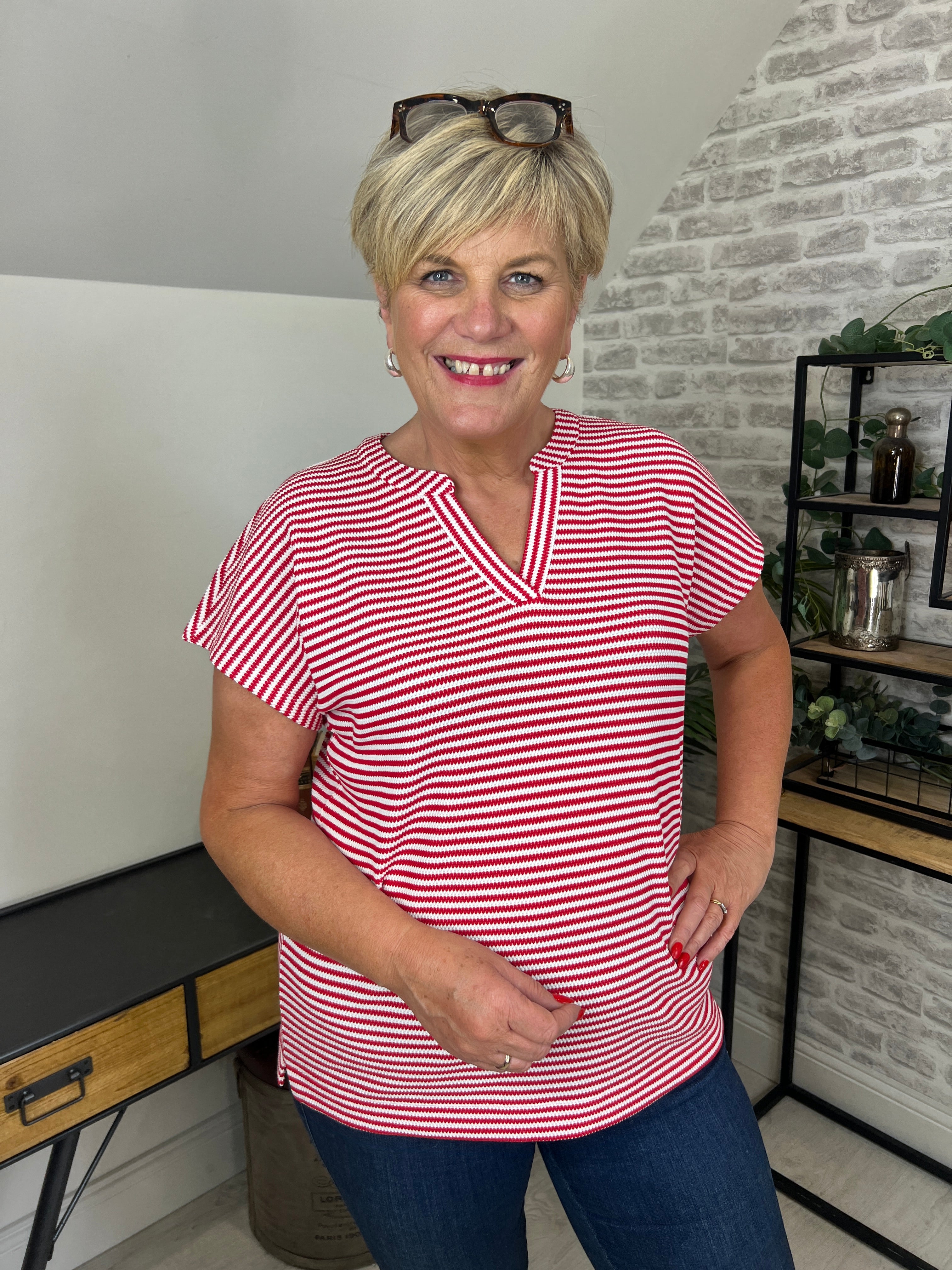 Cecil Structured Striped Top In Deep Pastel Blue