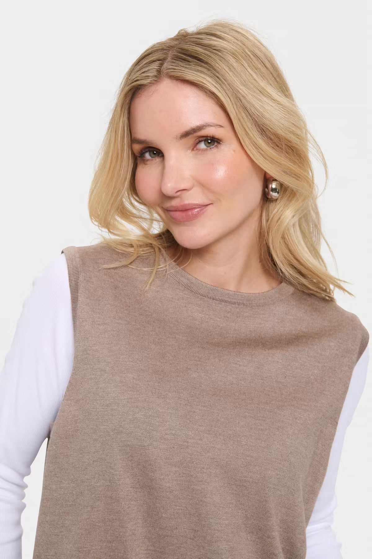 Plain round neck Vest in stone