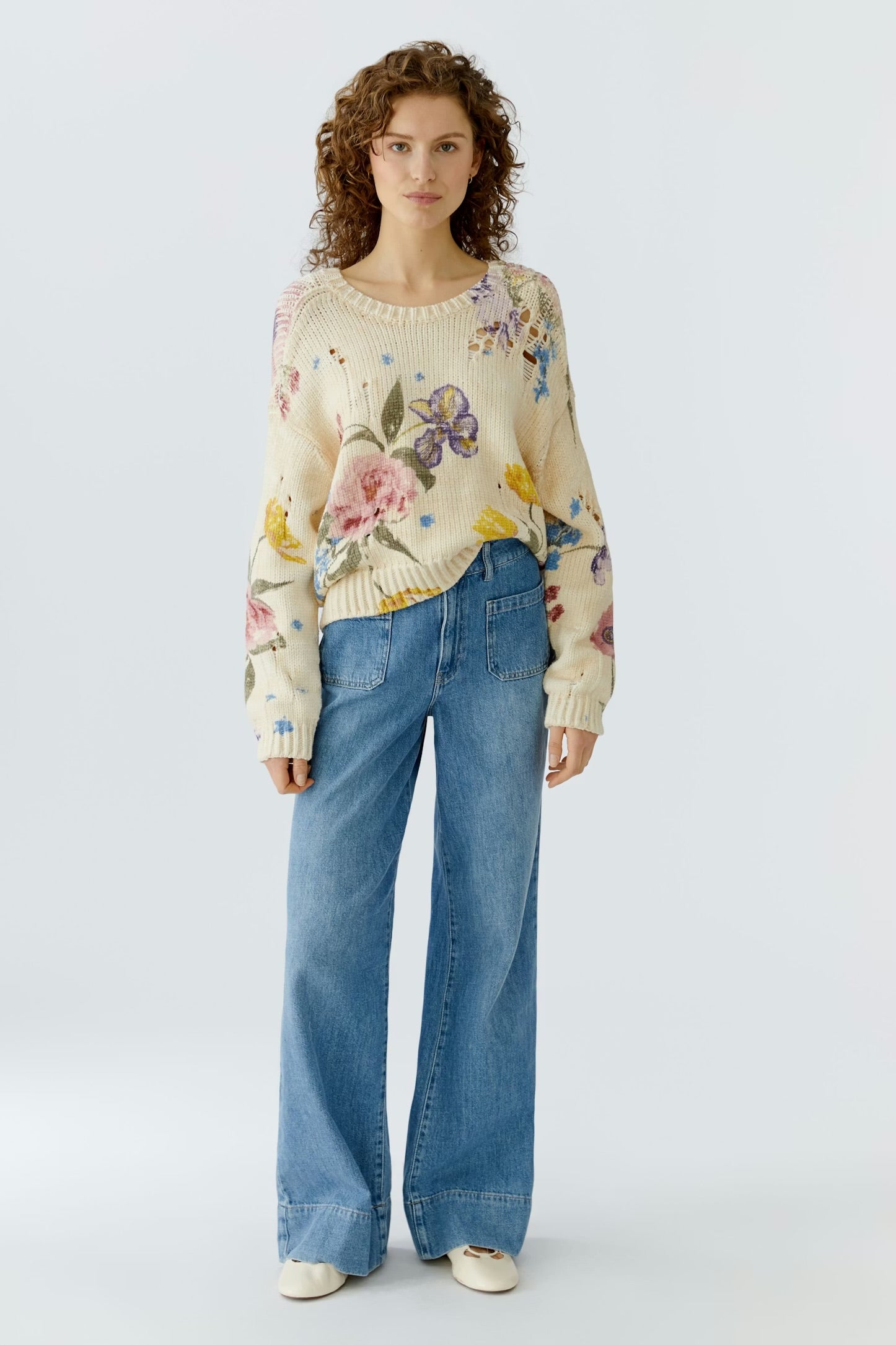 Oui Vintage Floral Pullover In Off White & Pink