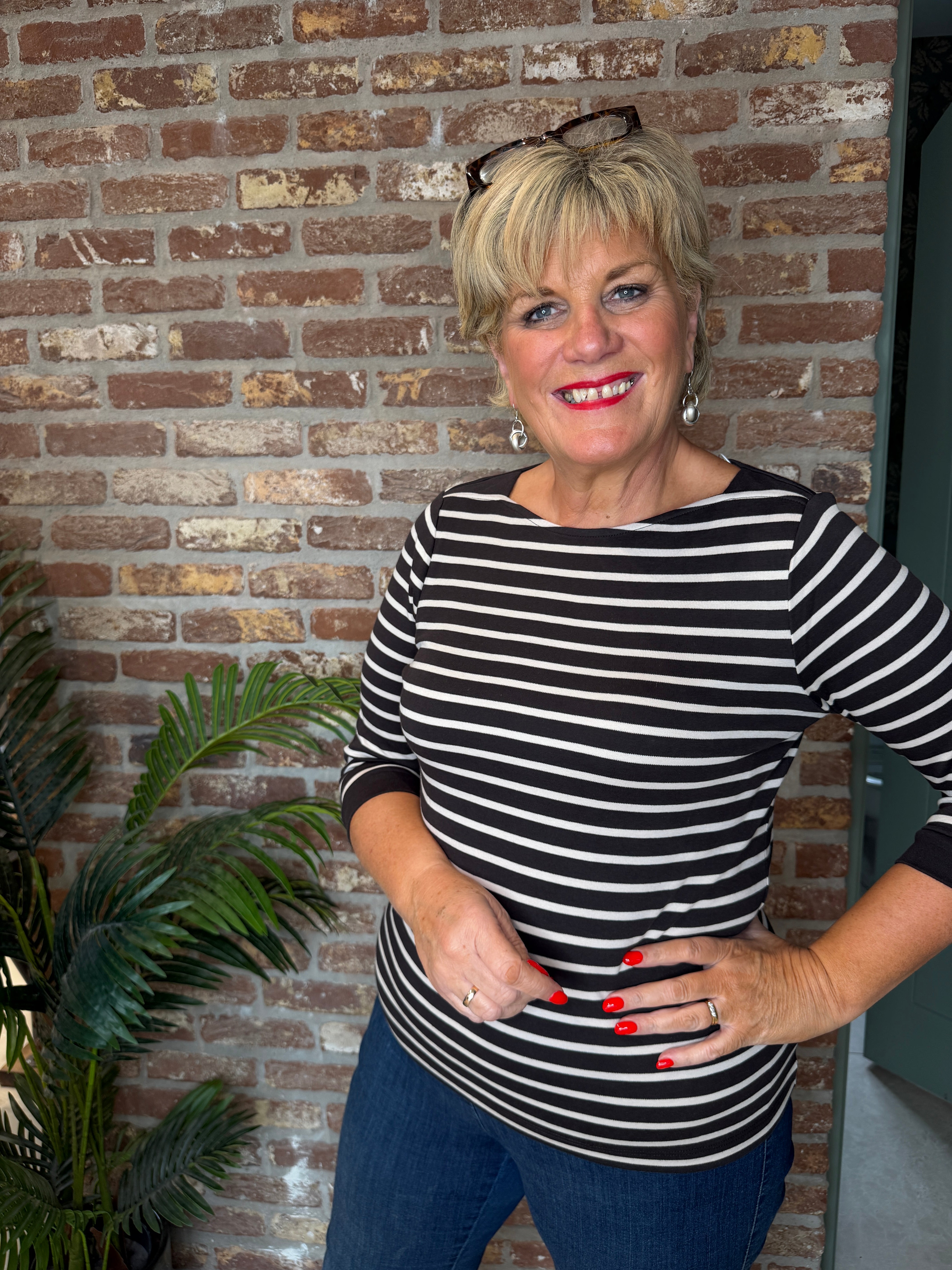 Striped boat neck top in black coffee