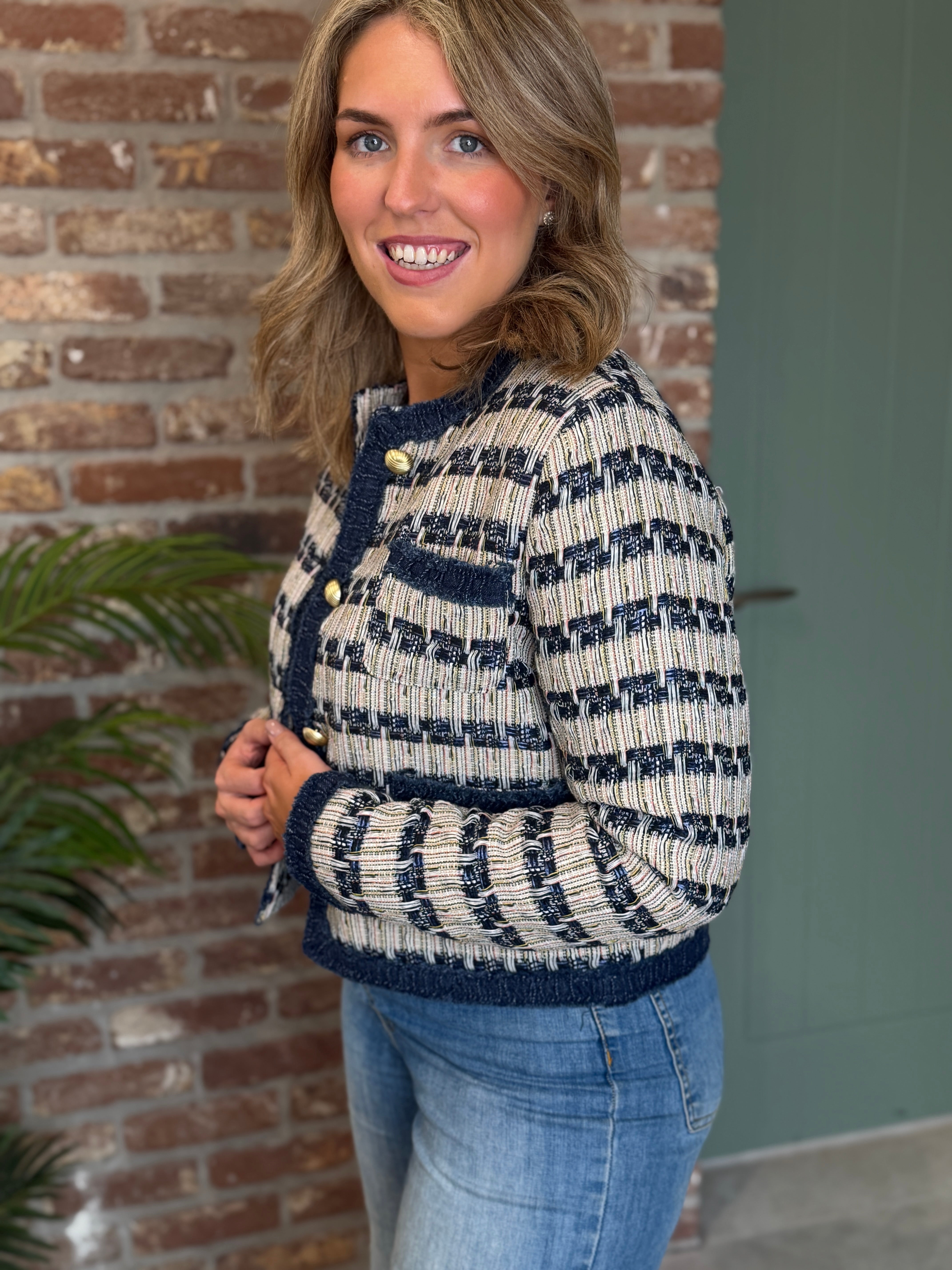Patterned short jacket in Navy multi