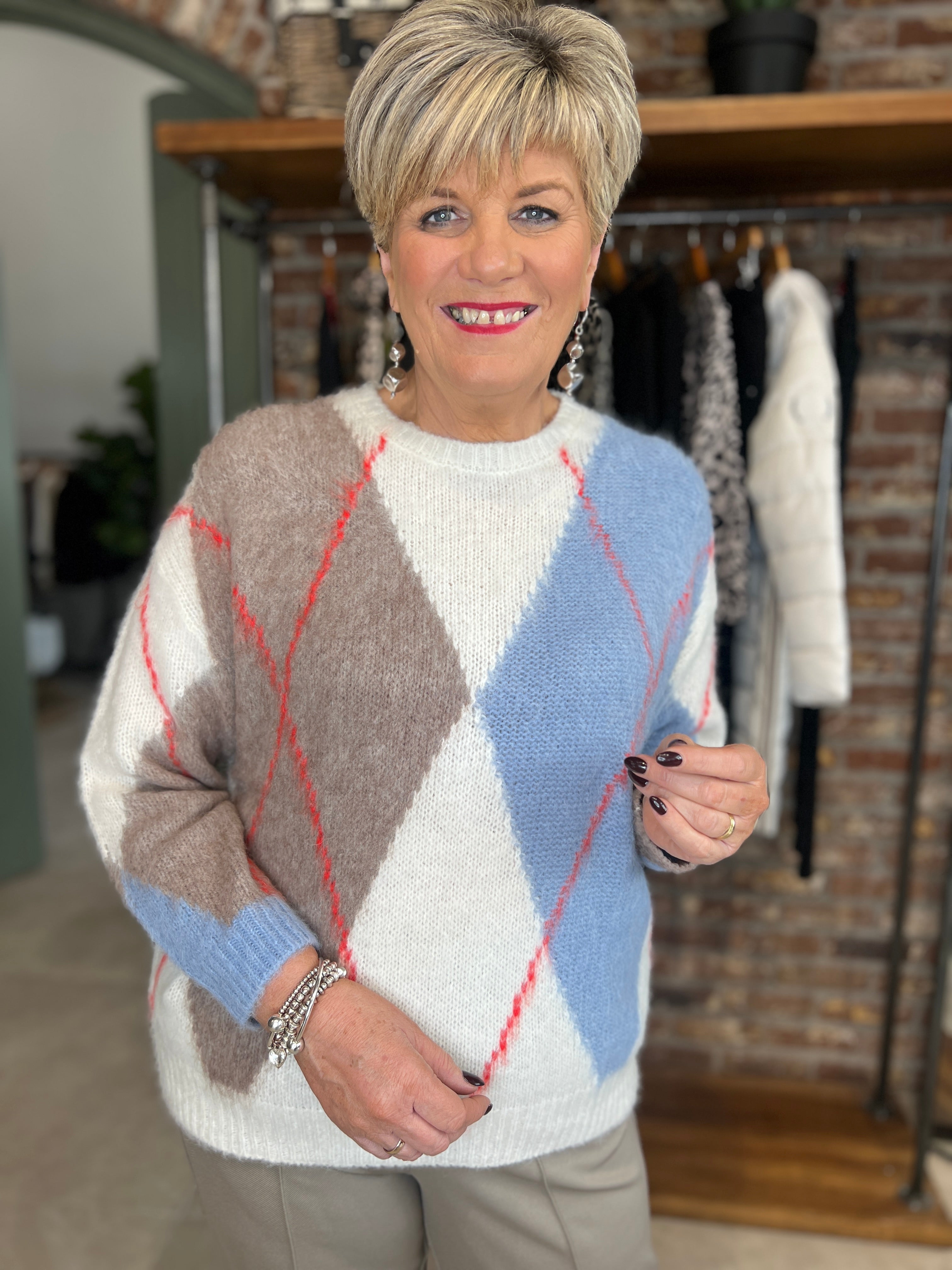 Oui Jacquard Pullover In Blue & White