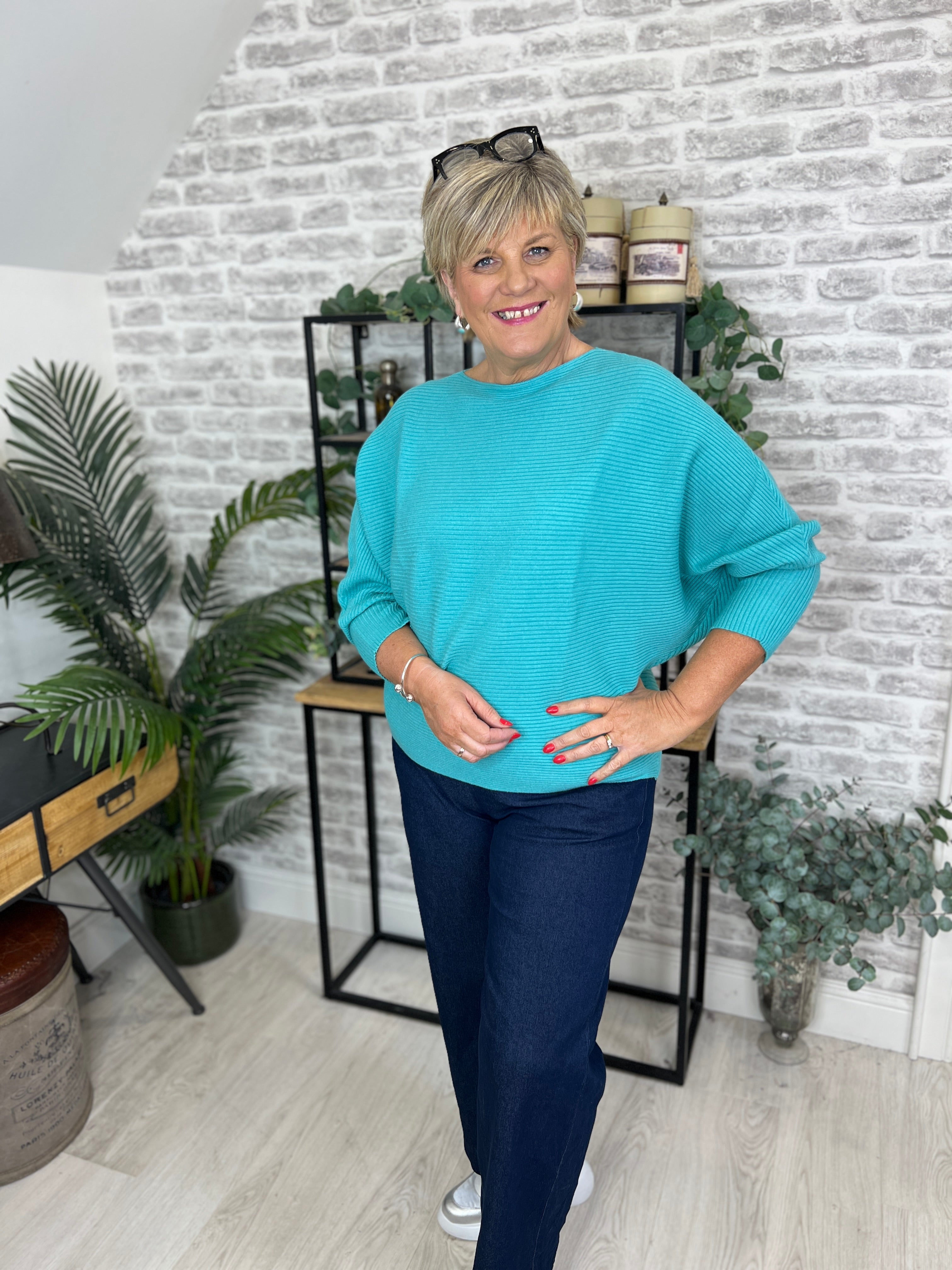 Deck By Decollage Ribbed Batwing Knit In Aqua