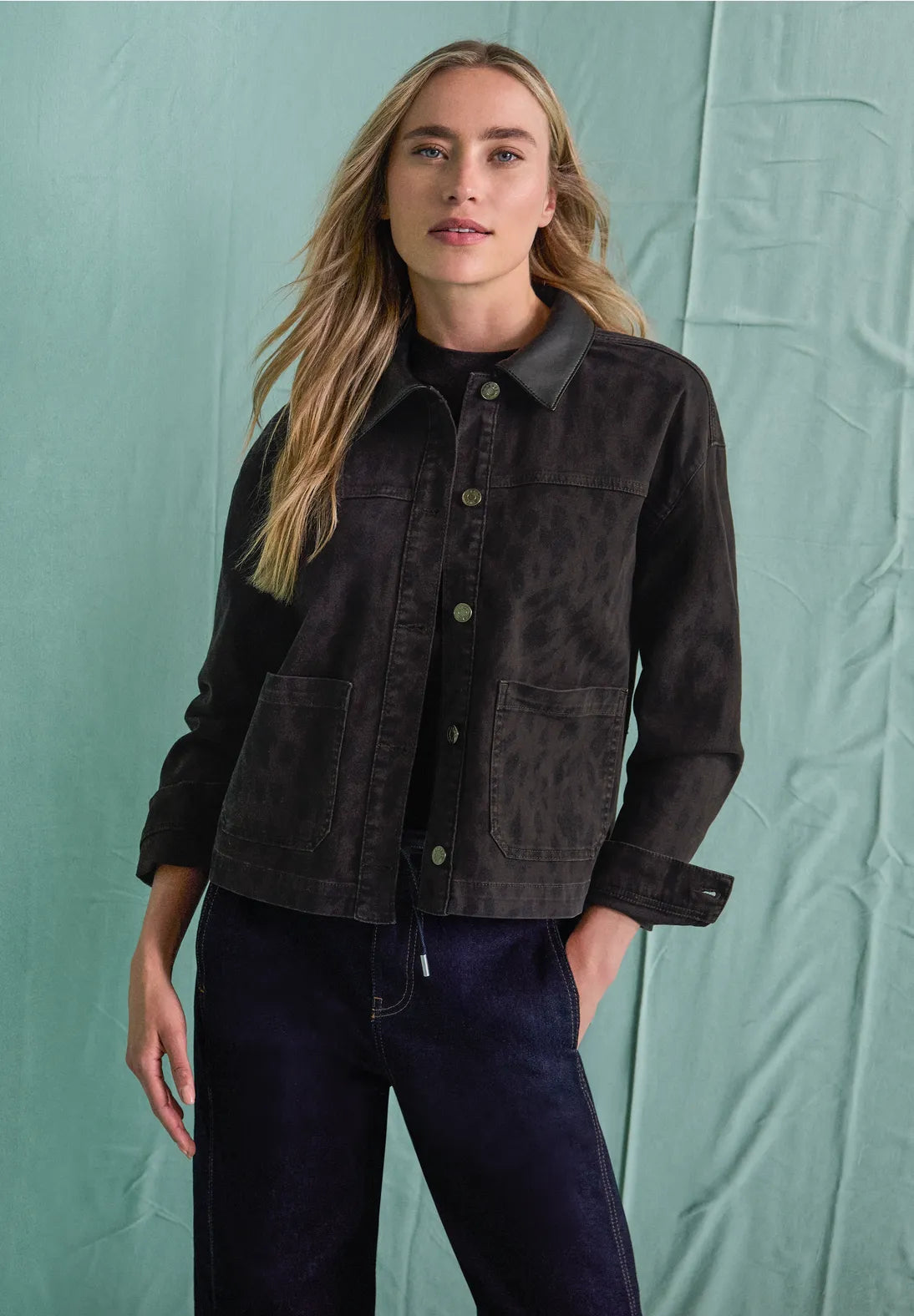 Leo print denim jacket in brown & black mix