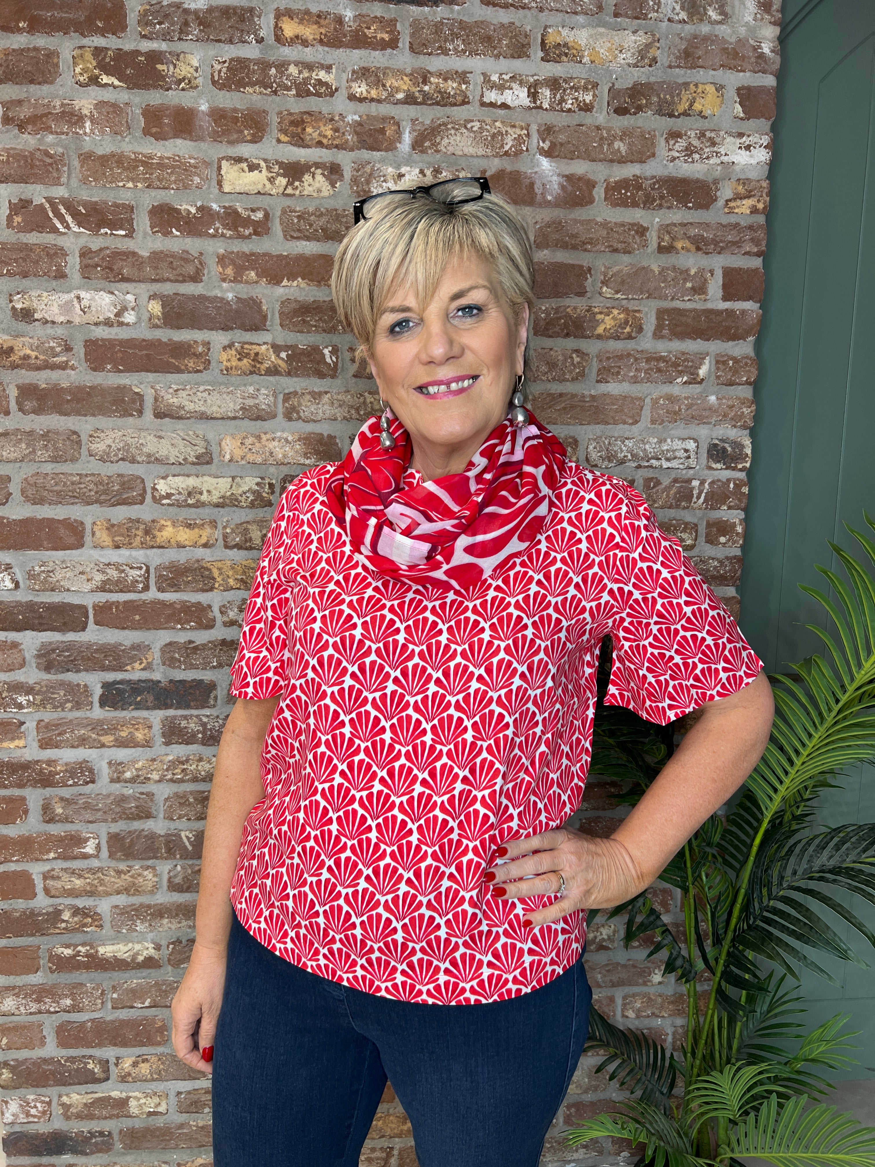 Cecil split neck print blouse In glazed apple red