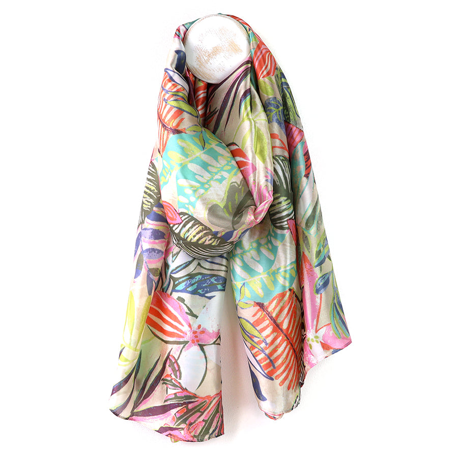 Pom tropical leaf print Silky scarf In multi