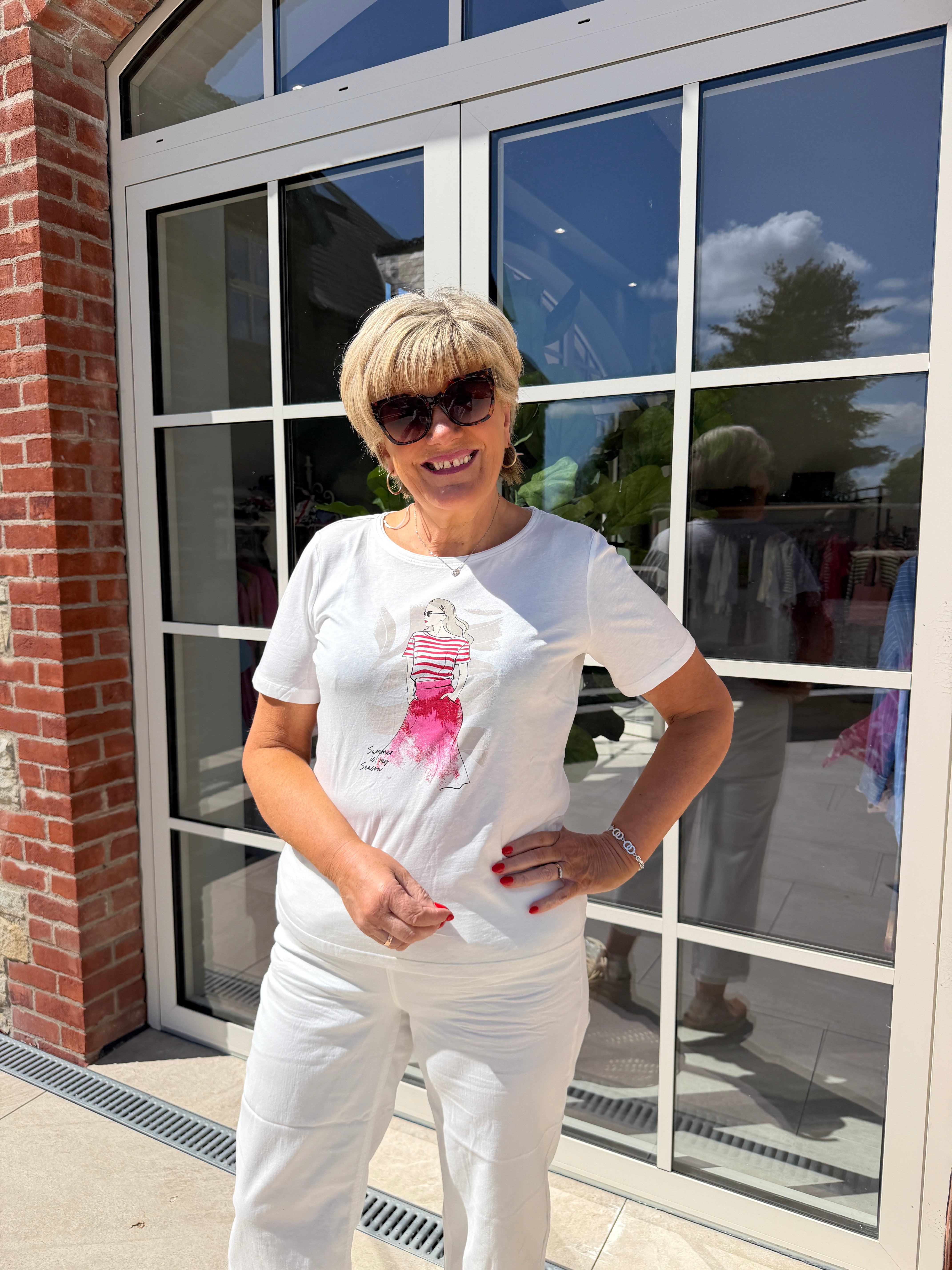 Street One Red lady print T-shirt In Off White