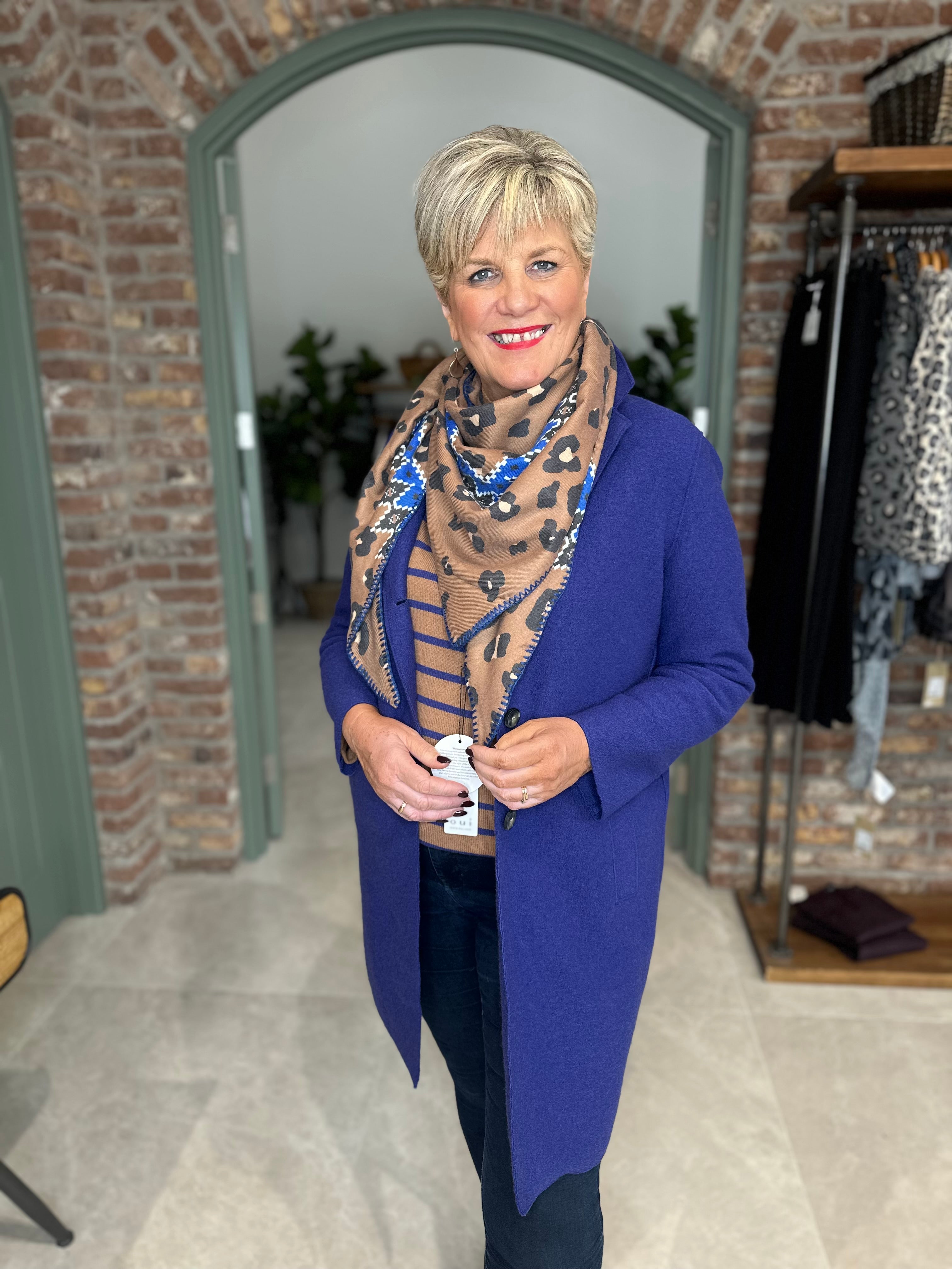 Oui Pullover With Stripes In Dark Blue & Camel