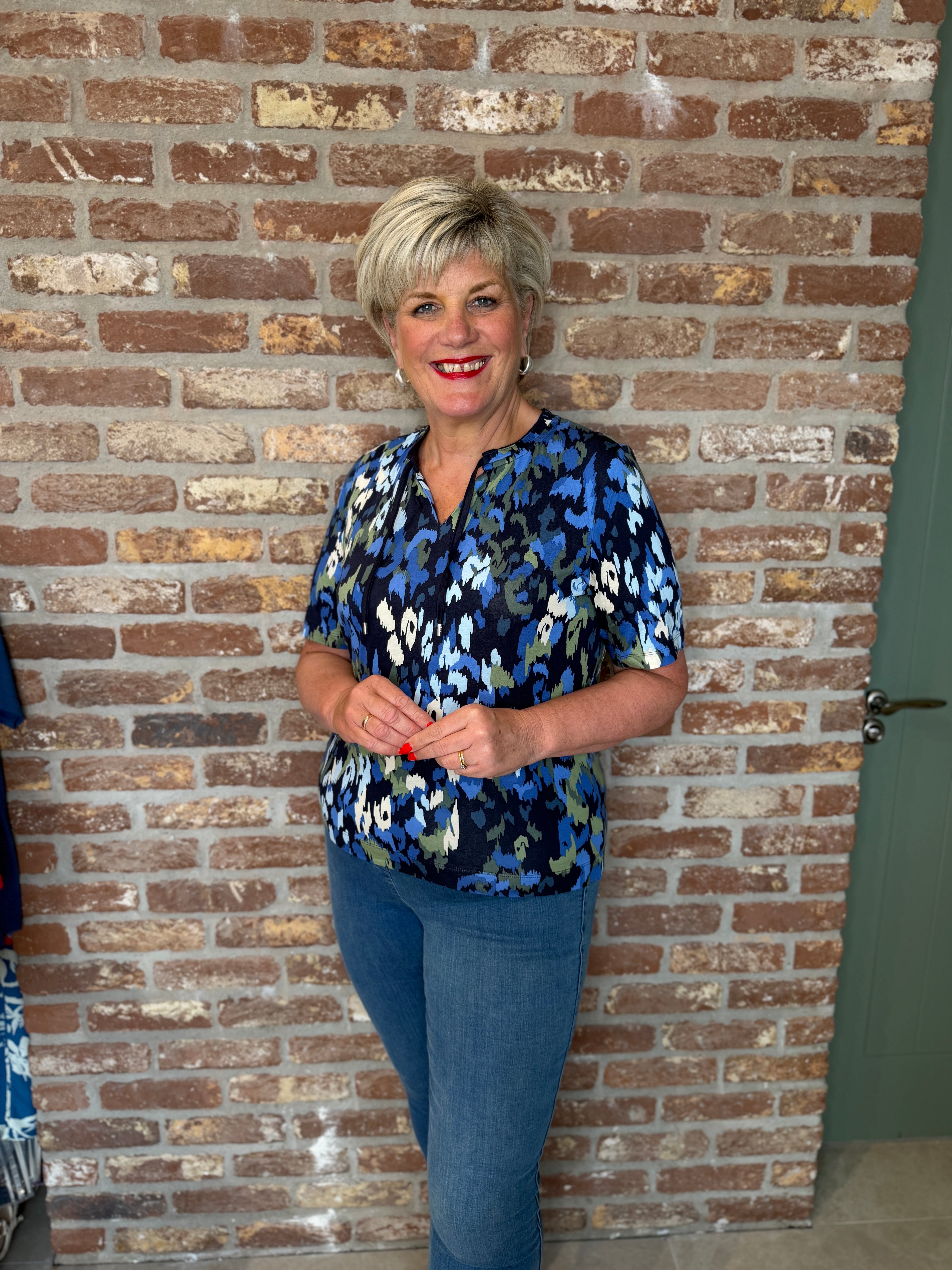 Cecil Patterned T-shirt With Toggles In Urban Dark Blue