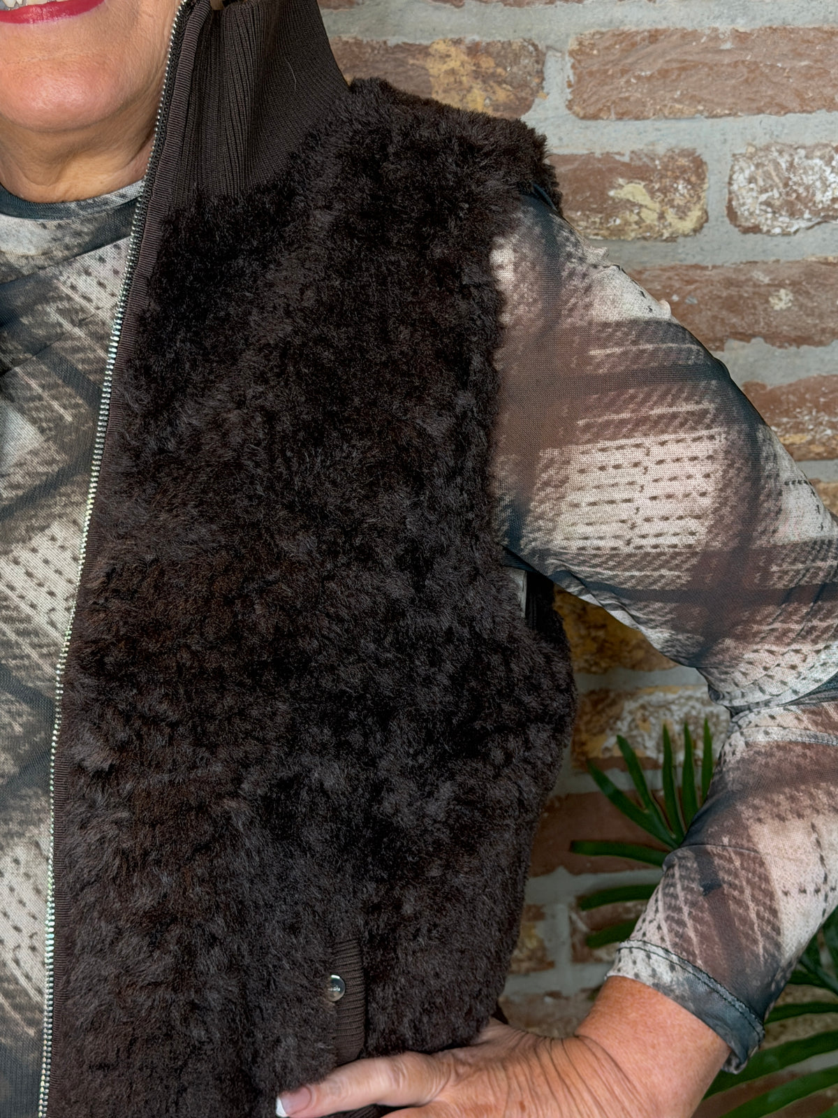 Curly fur vest gilet in auburn brown