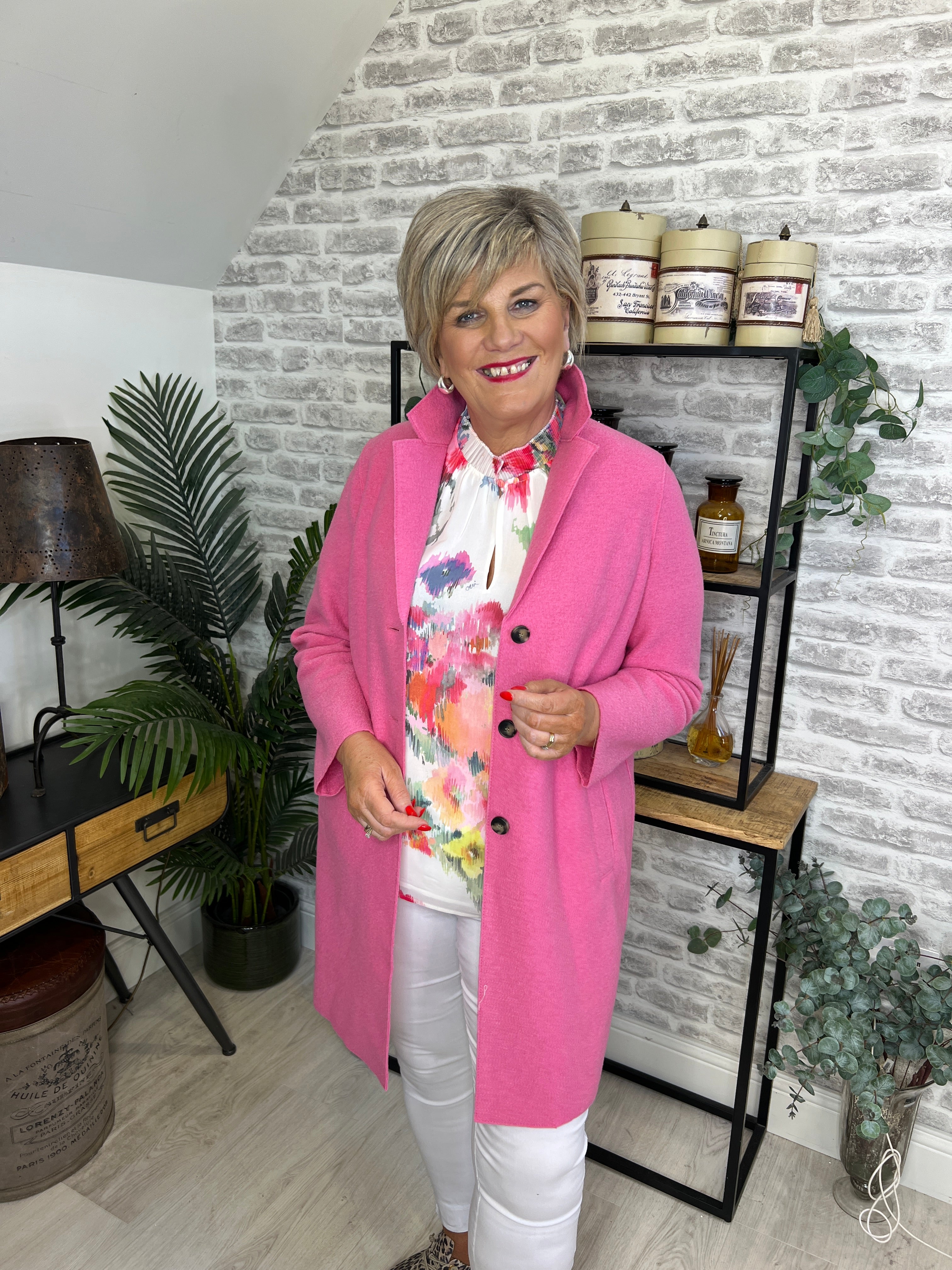 Oui Floral Blouse In Pink & Green