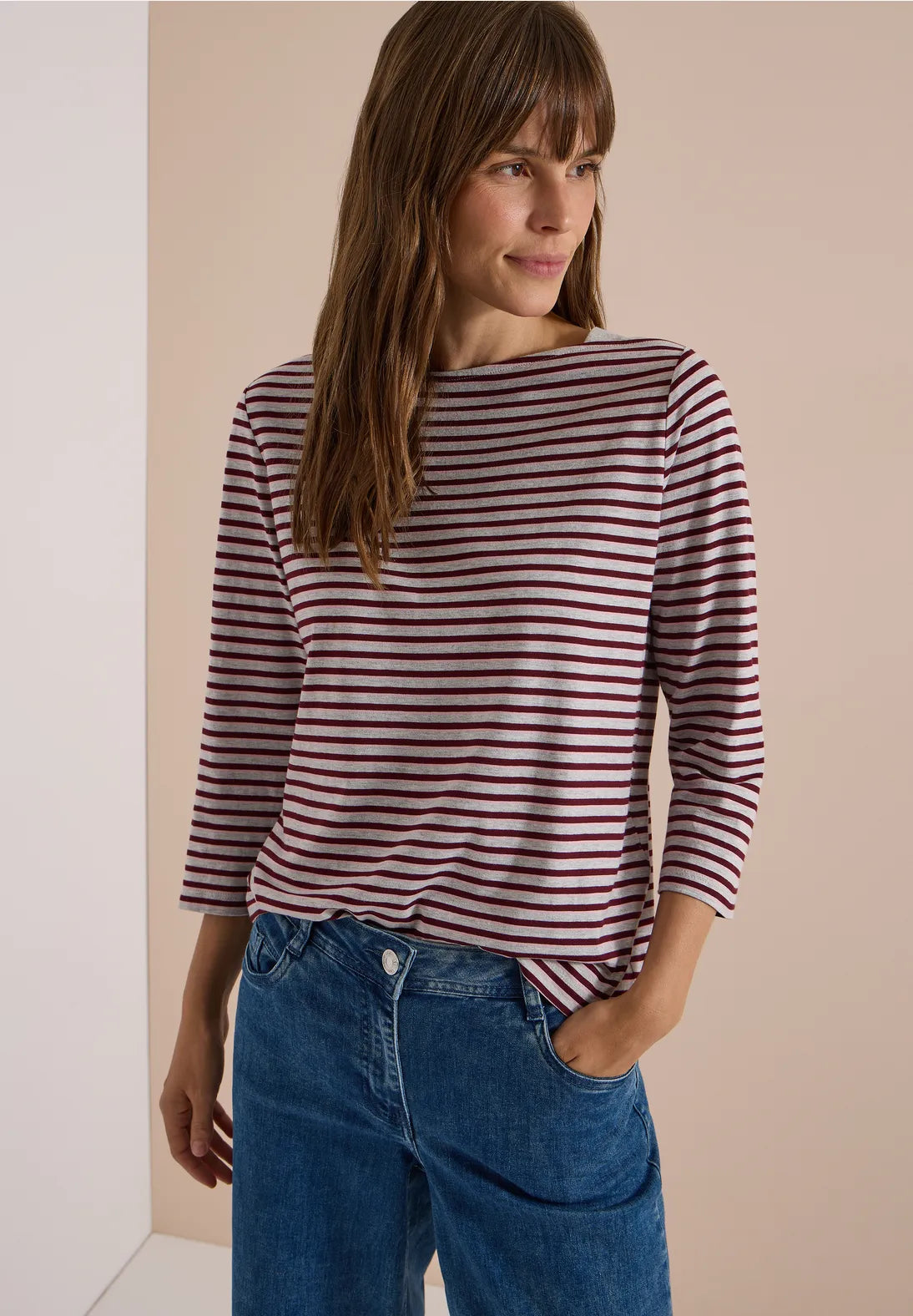 Striped boat neck top in light grey melange