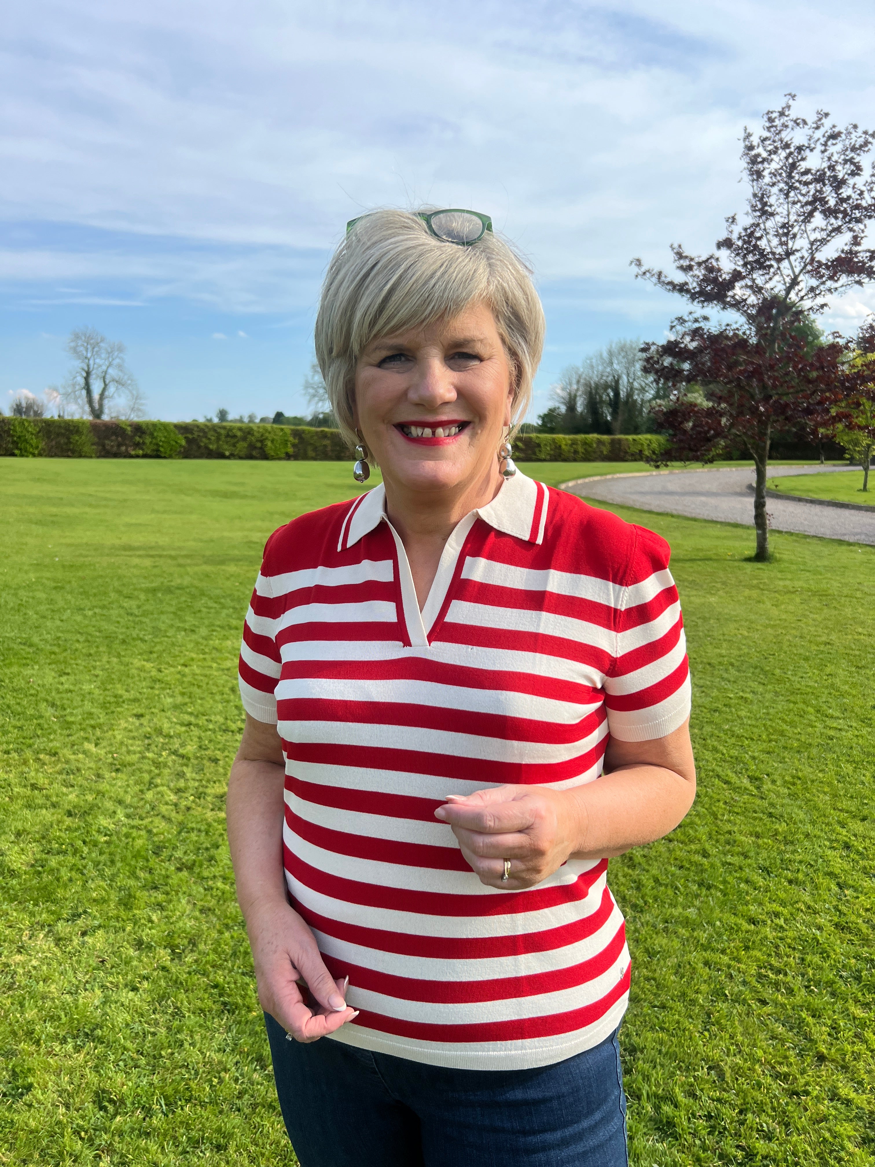 Monari Striped Polo Top In Red Multi