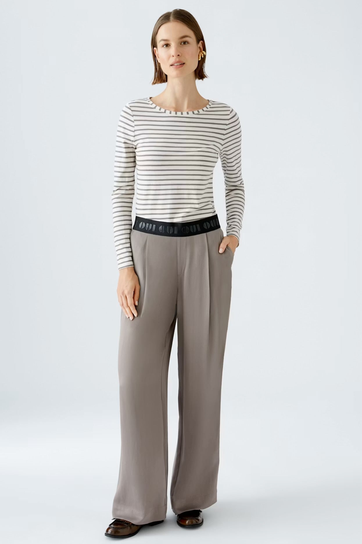 Oui Sumiko striped top in dark brown & off white
