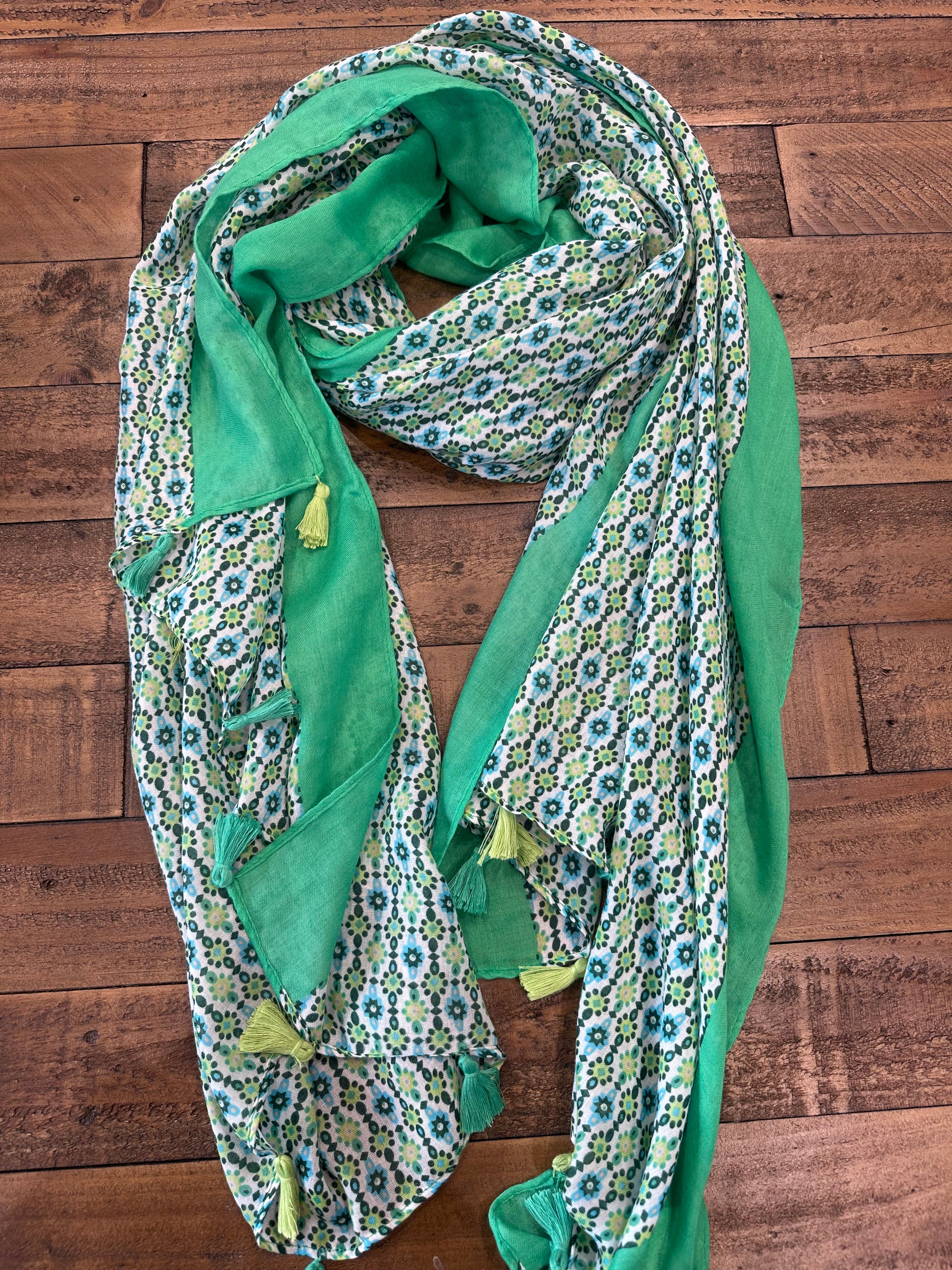 Polly Mini Flowers With Tassels Scarf In Green