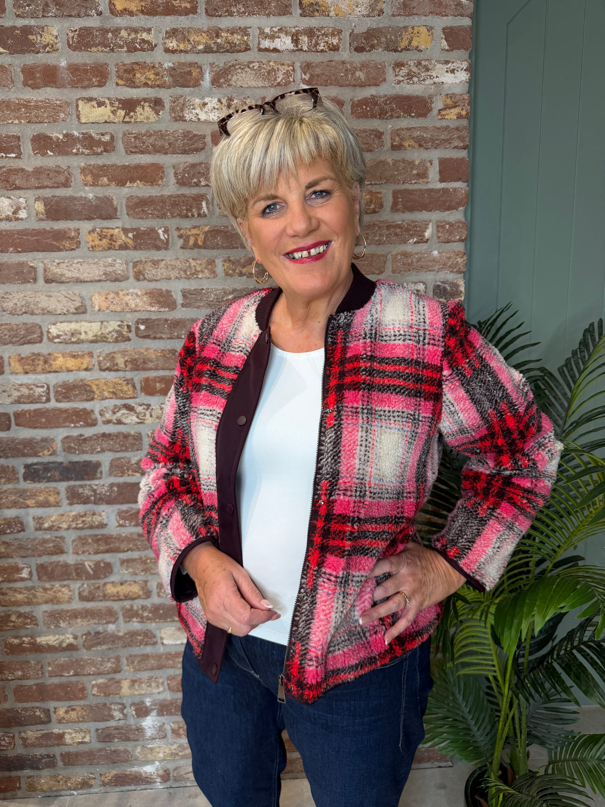 Teddy check jacket in berry red