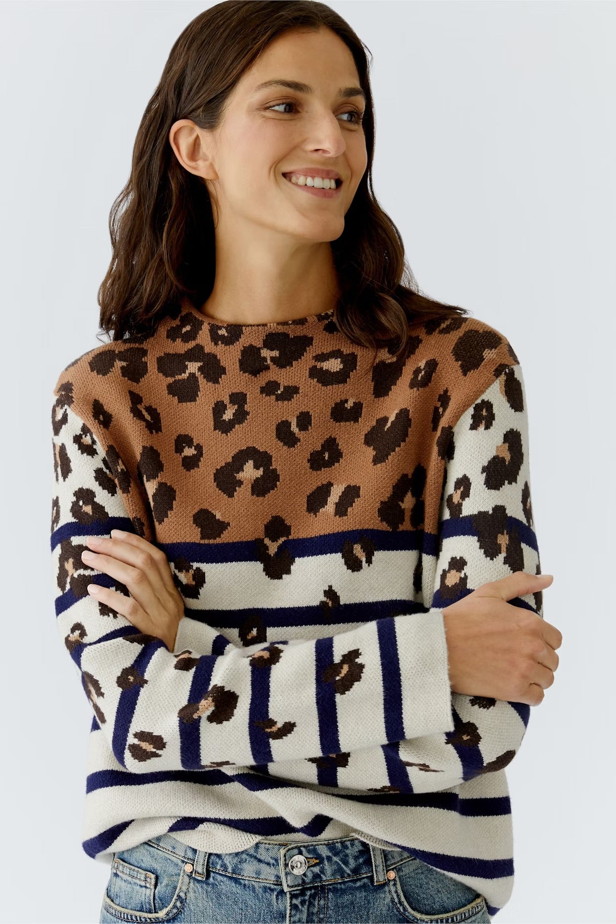 Oui Pullover With Leopard In Off White & Camel