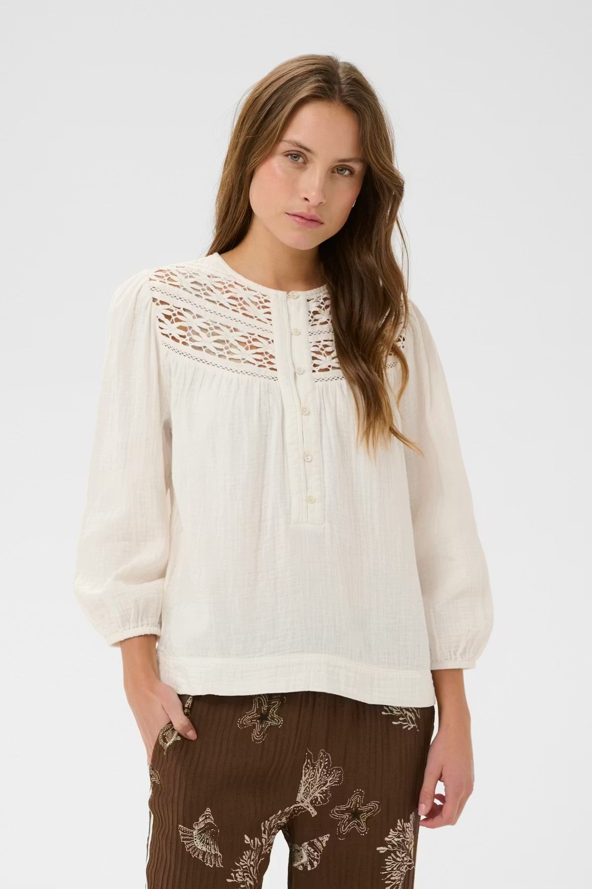 Saint Tropez open work blouse in Ice White