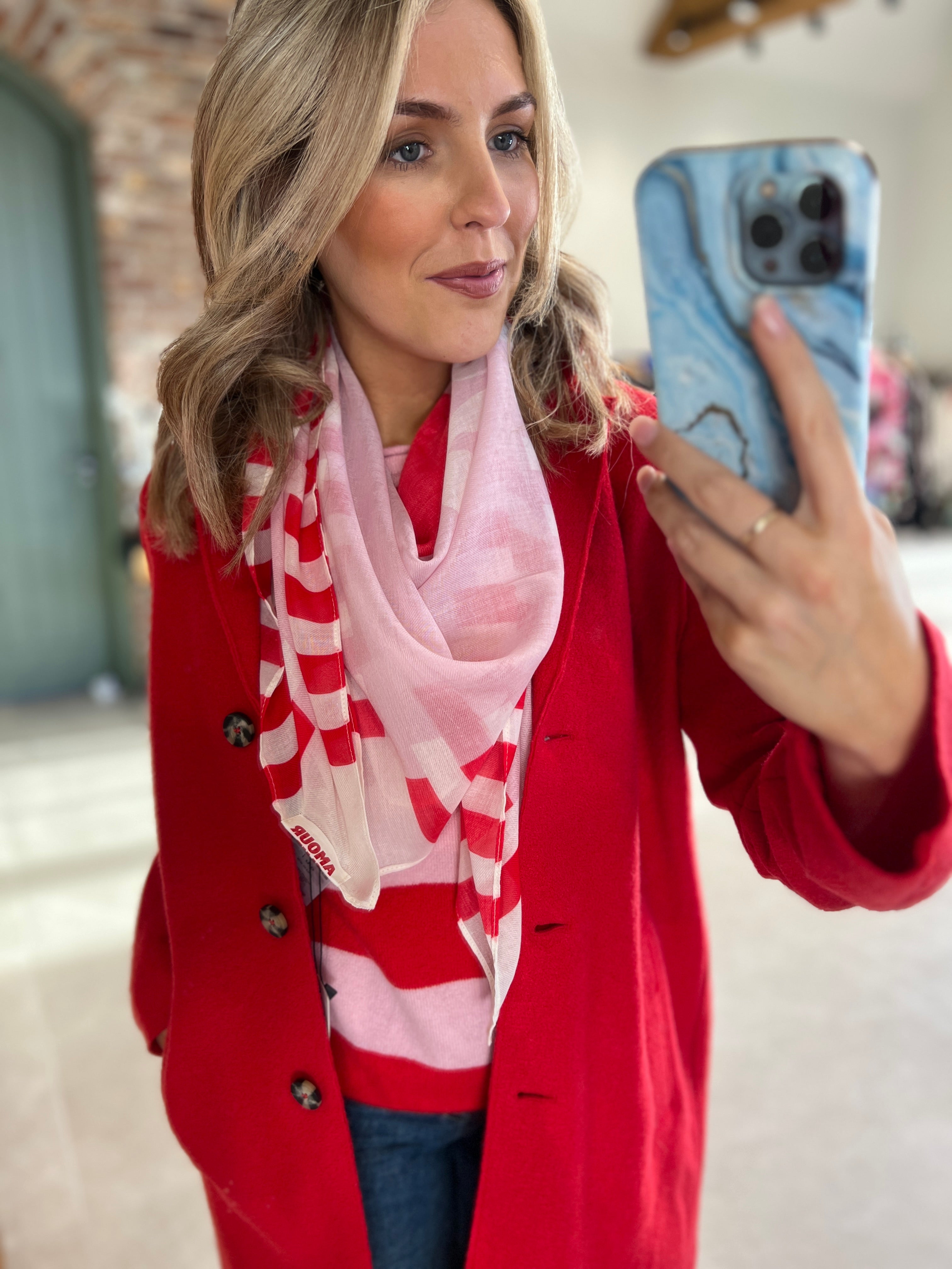 Oui Heart & Stripes Print Scarf In Pink & Red