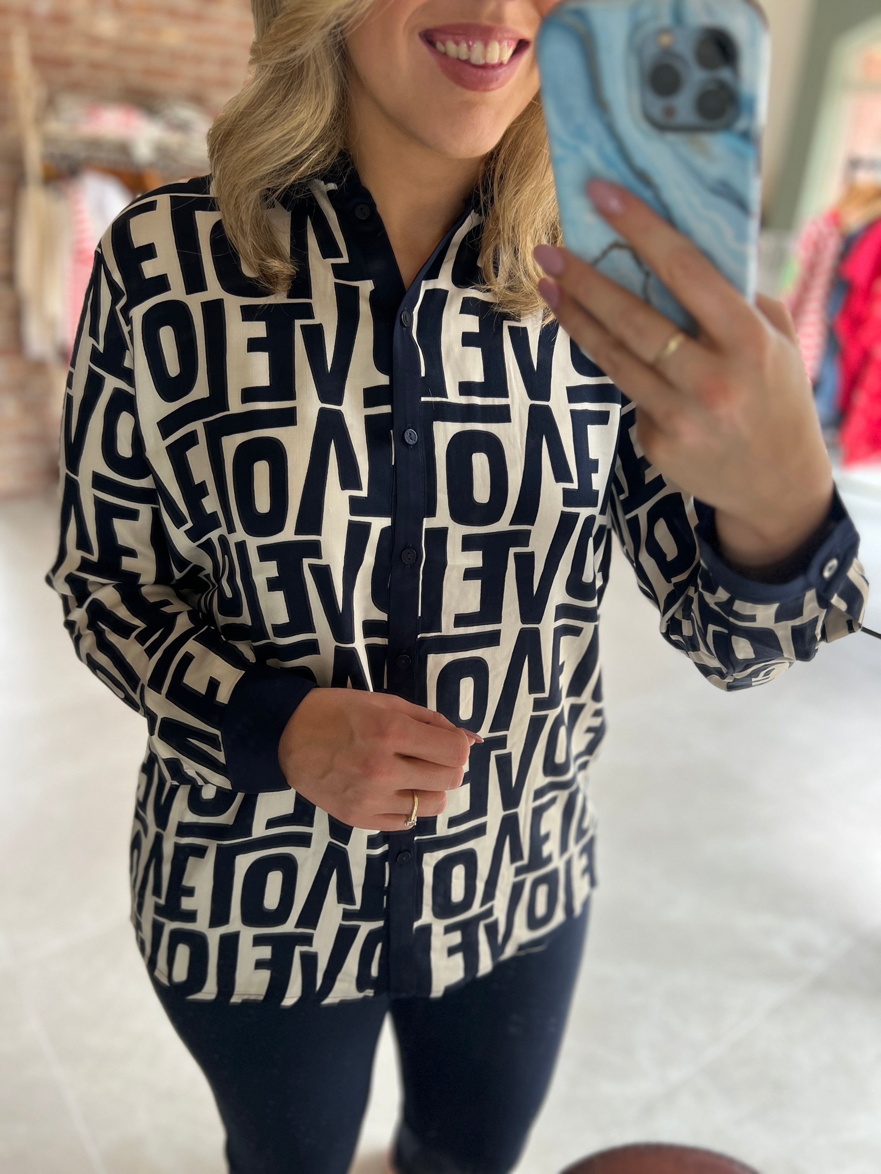Milano Italy Love Print Shirt In Navy Multi
