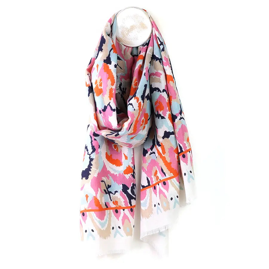 Pom abstract Print Scarf In white & coral