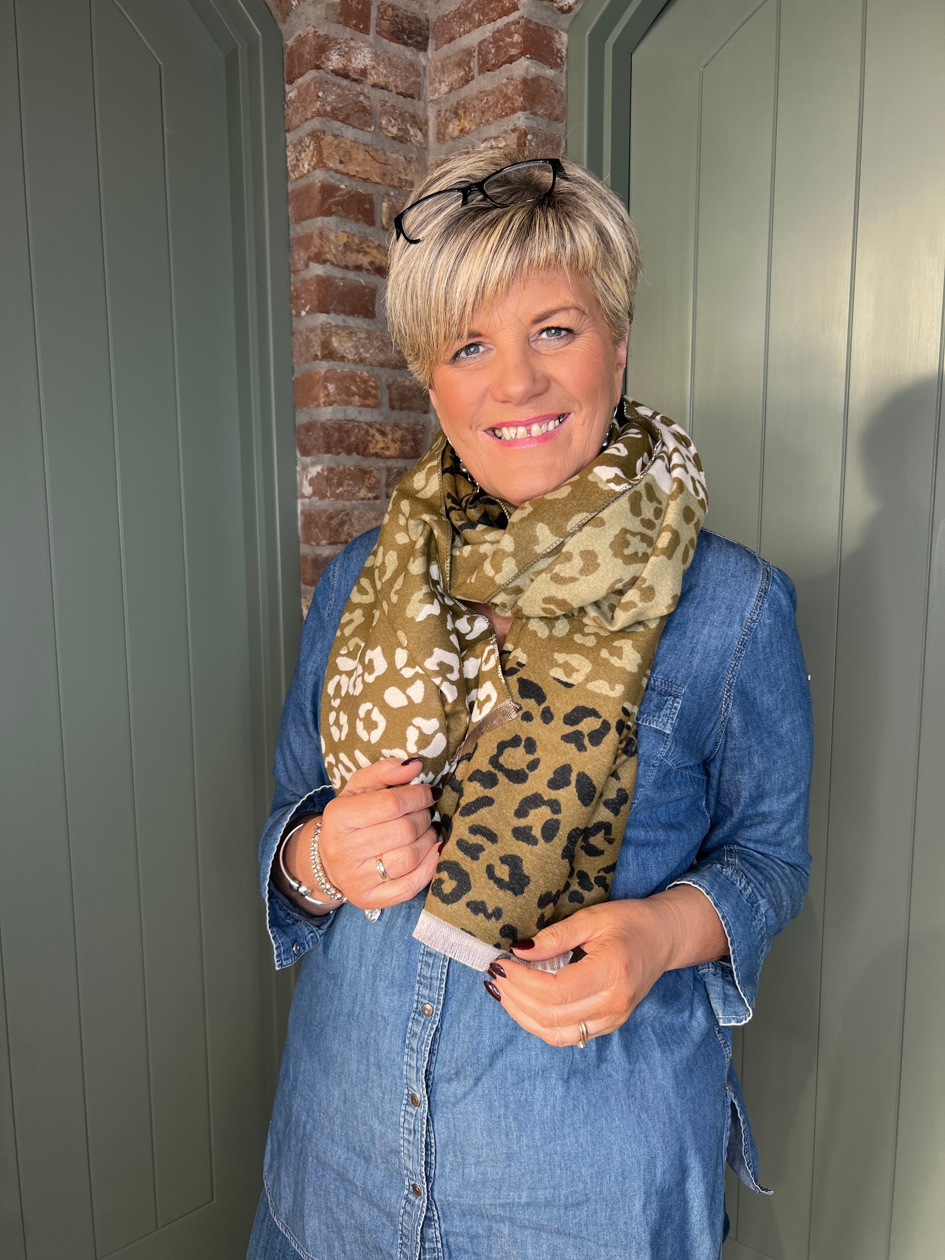 Sophie Leopard Print Scarf In Olive Multi