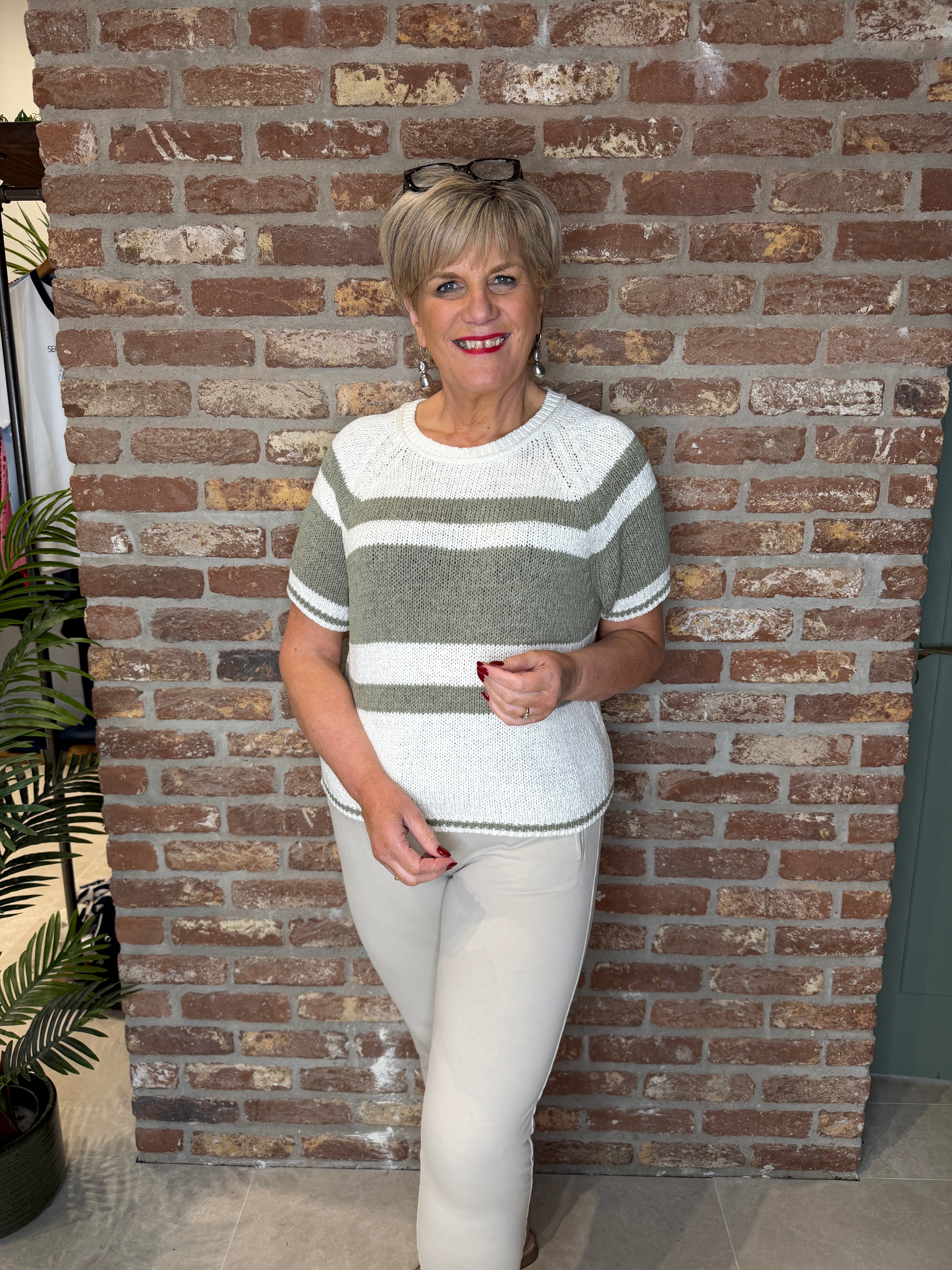 Oui striped jumper In white & green