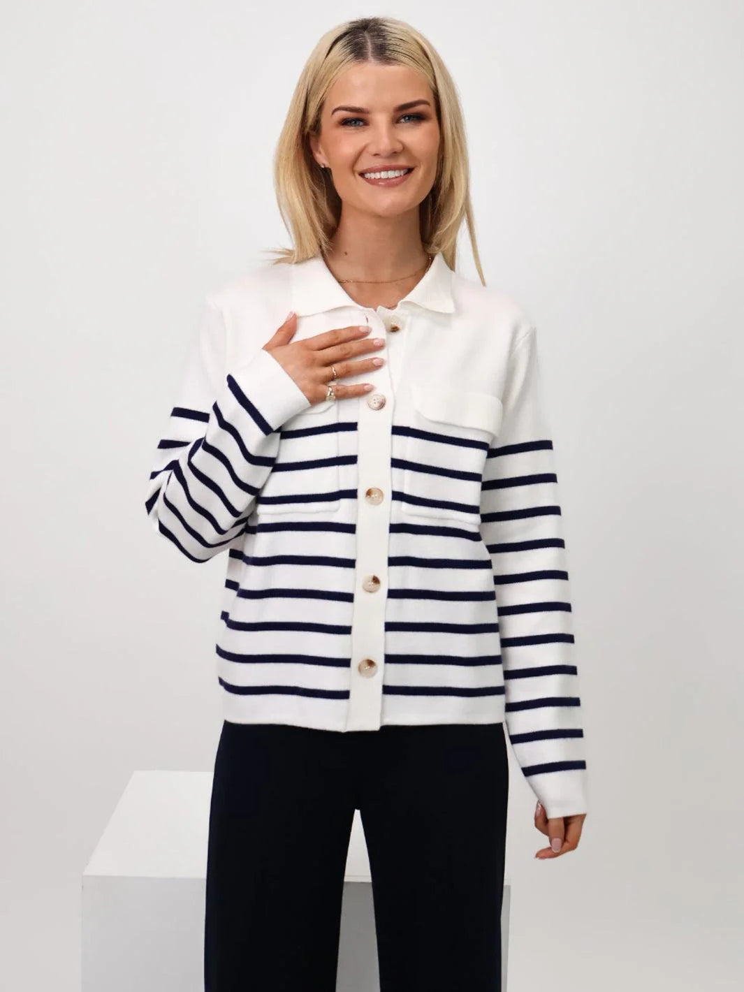 Kate & Pippa Dani Cardigan In White & Navy striped